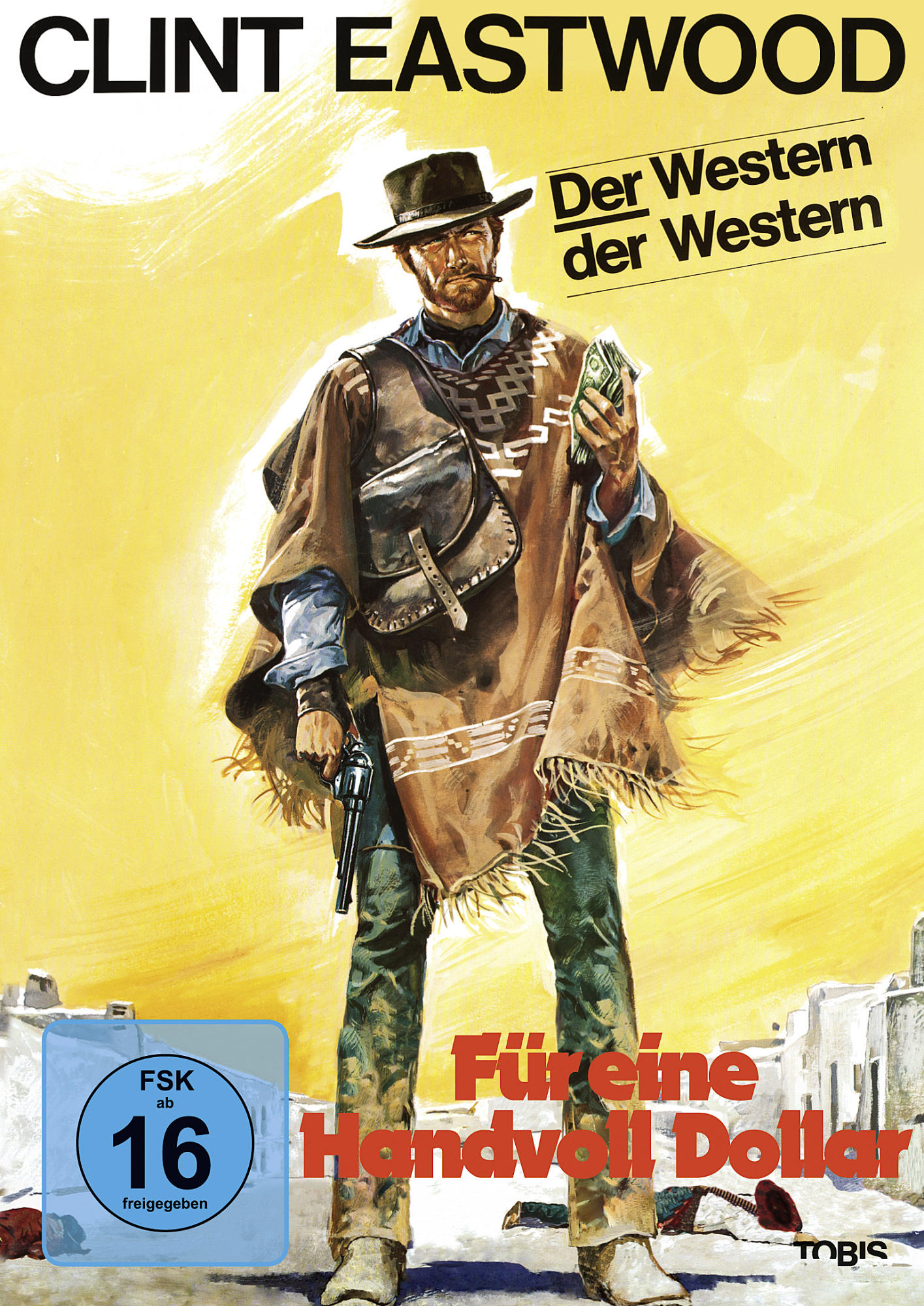 Clint Eastwood in Cowboyhut mit einer Waffe. Filmplakat für 'Für eine Handvoll Dollar'.