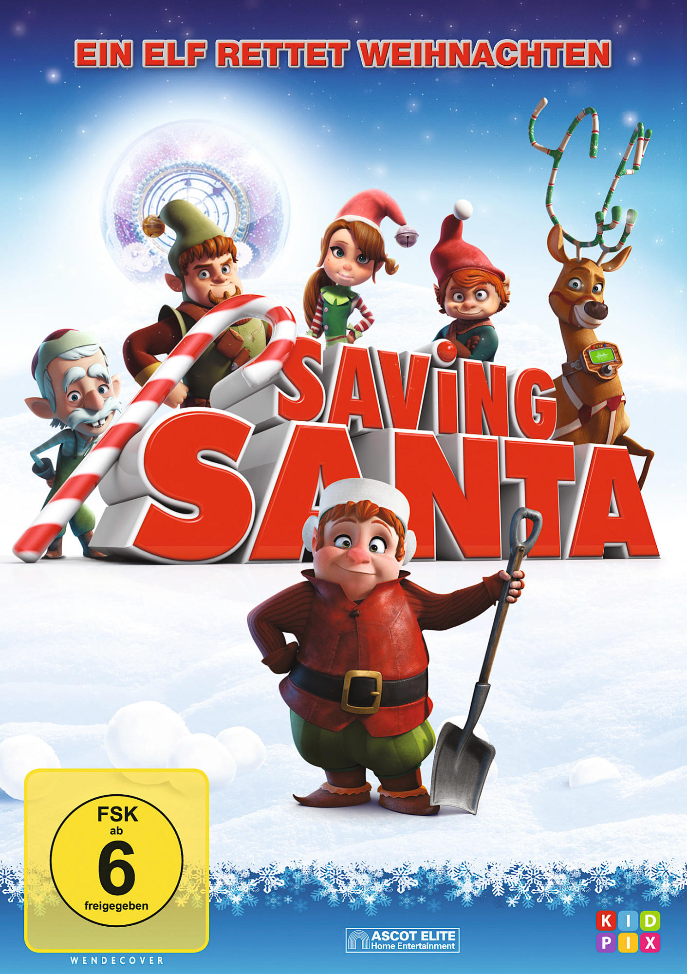 Filmposter für „Saving Santa“ mit Zeichentrickfiguren in einer Winterszene mit gelbem Logo.