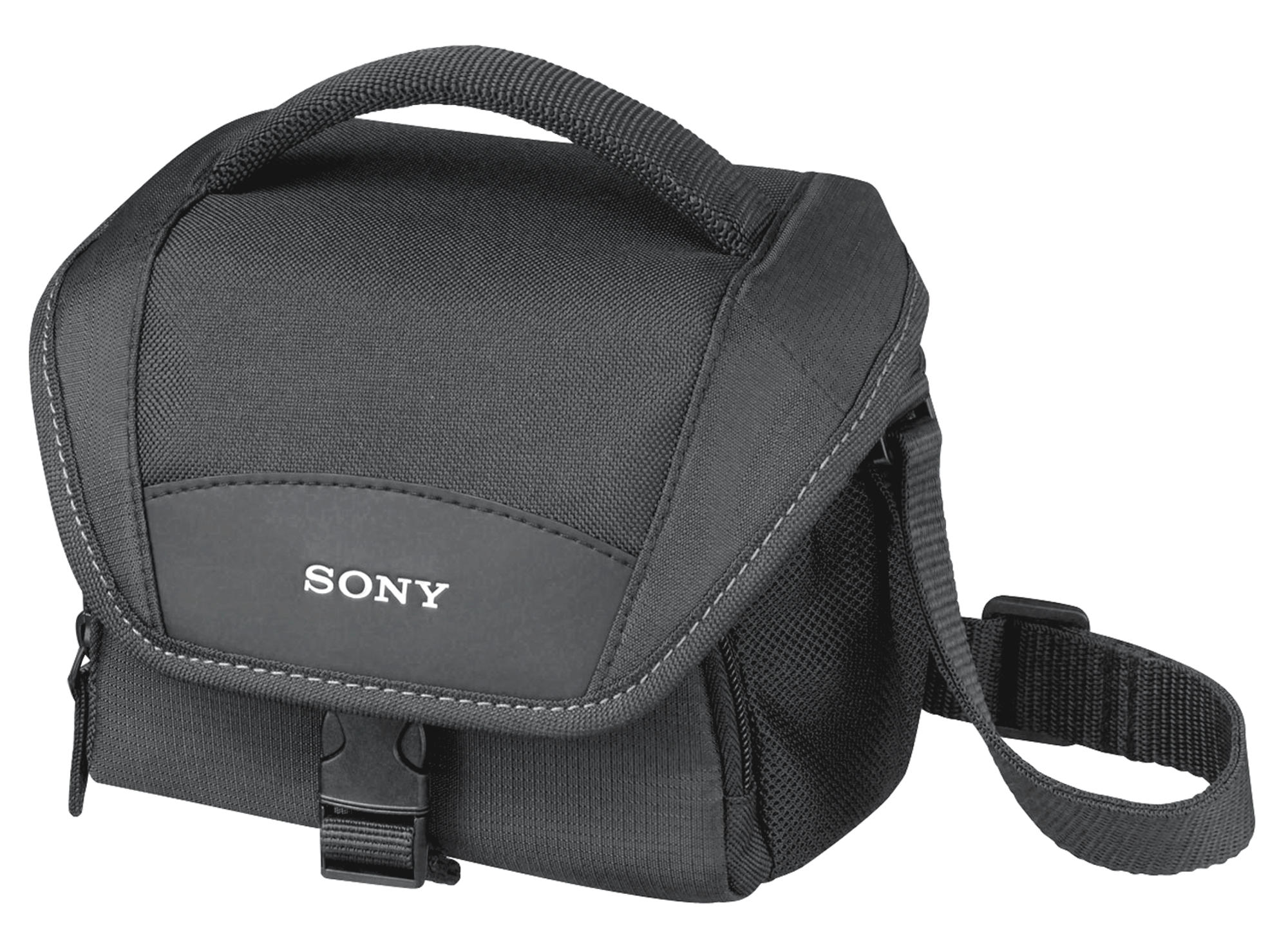 Schwarze Sony Kameratasche. Sie hat einen Griff, einen Schultergurt und einen Schnallenverschluss.