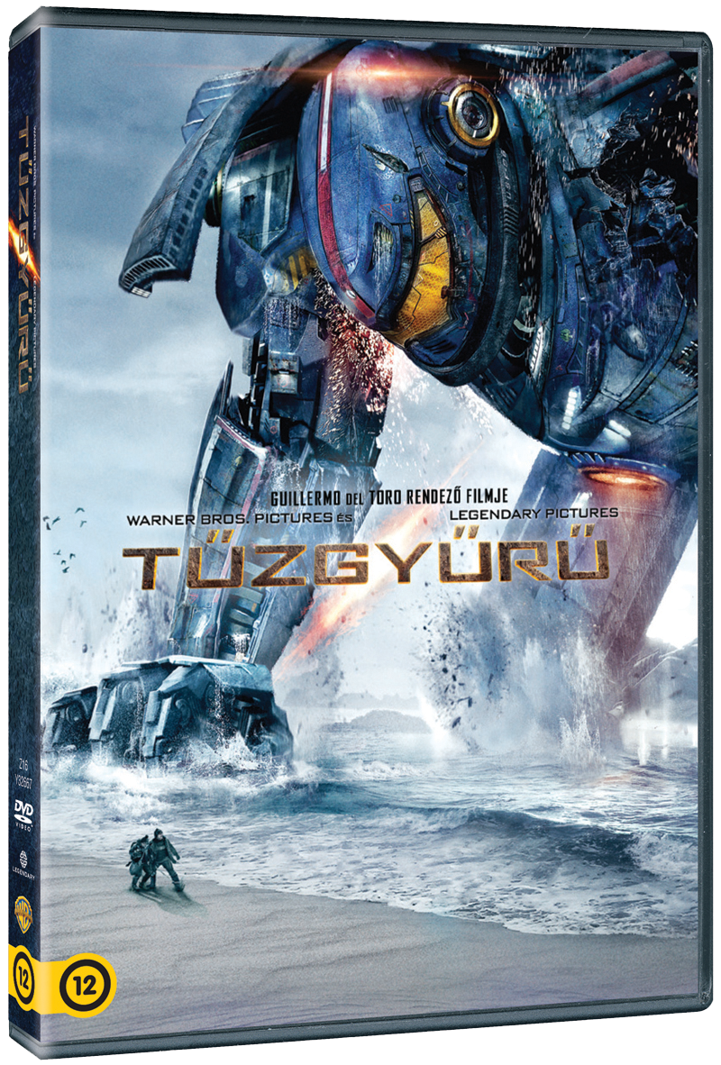 A Tüzgyürü című film DVD-borítója. Óriás robot a vízben, két férfi a tengerparton, viharos égbolt.