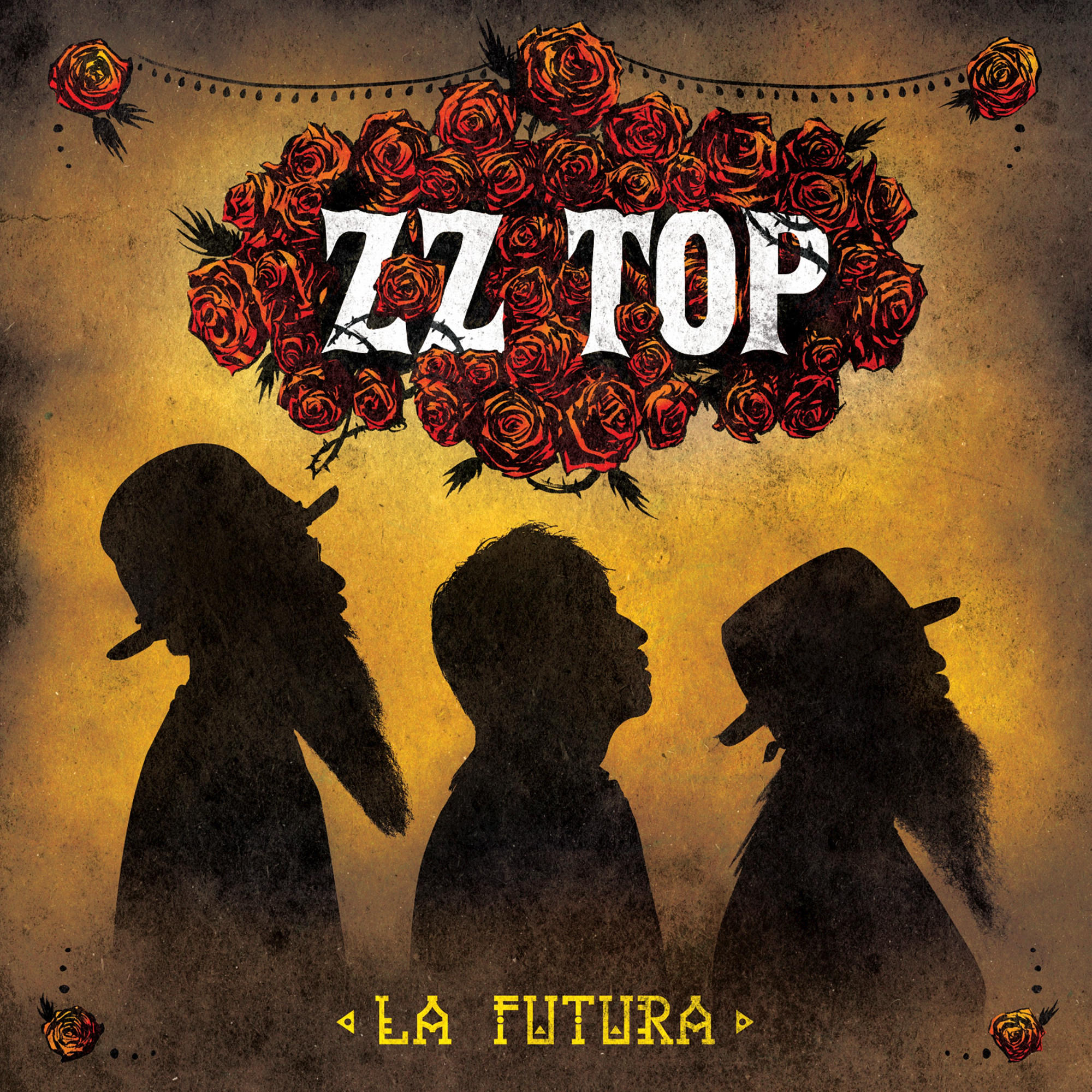 Albumcover mit ZZ Top Logo und Bandmitgliedern. Brauner Hintergrund mit Rosen.