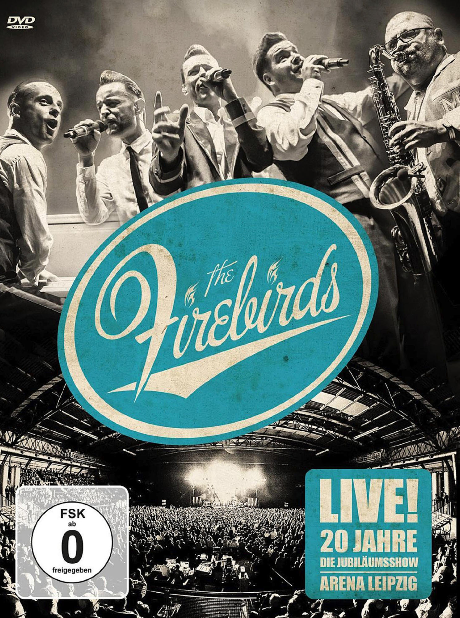 DVD-Cover: Band auf der Bühne in einer Konzerthalle, Text 'The Firebirds Live! 20 Jahre'.
