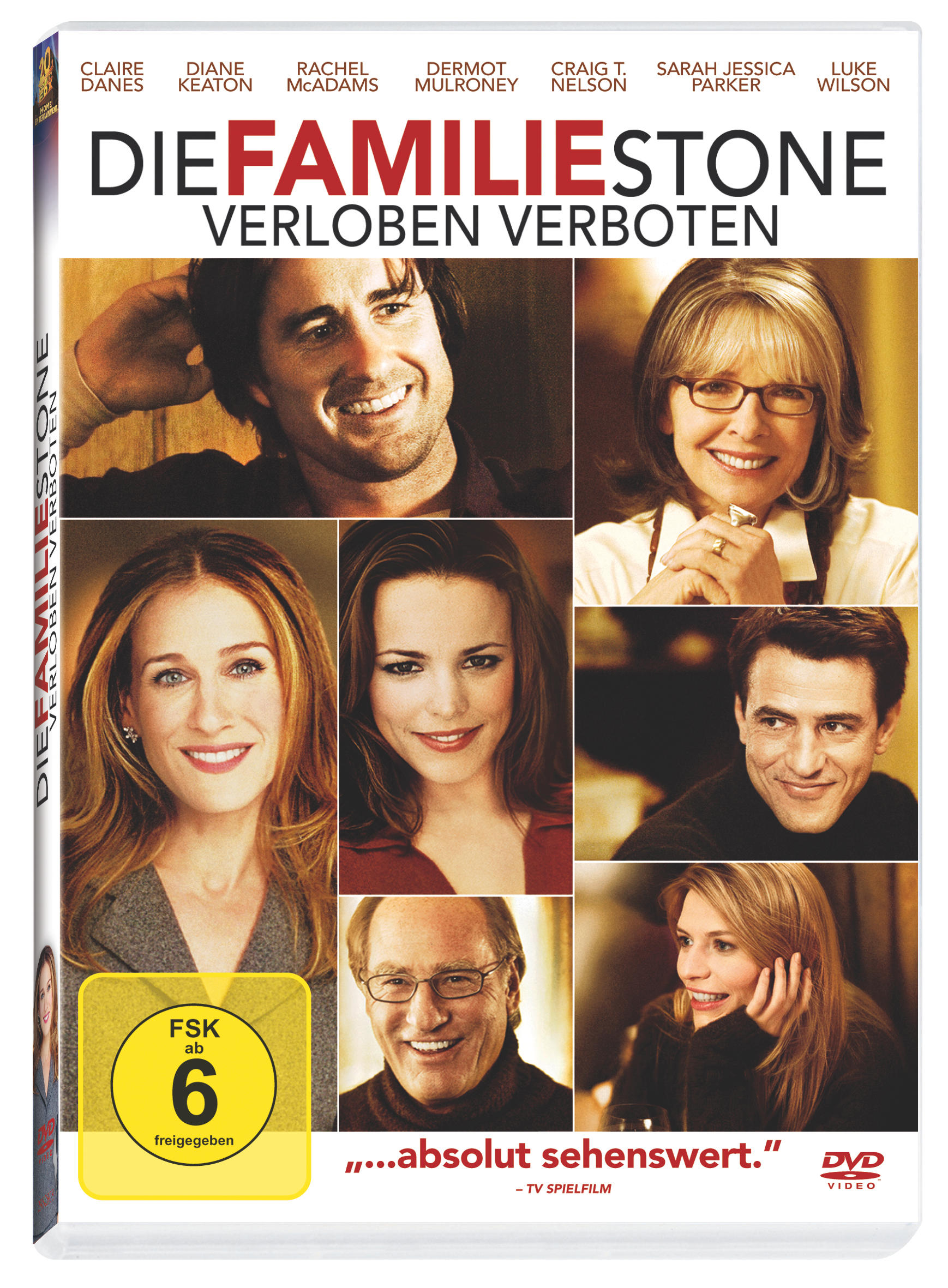 DVD-Cover mit Gesichtern von Schauspielern, Titel 'Die Familie Stone' und Bewertung. Mehrere Leute lächeln.