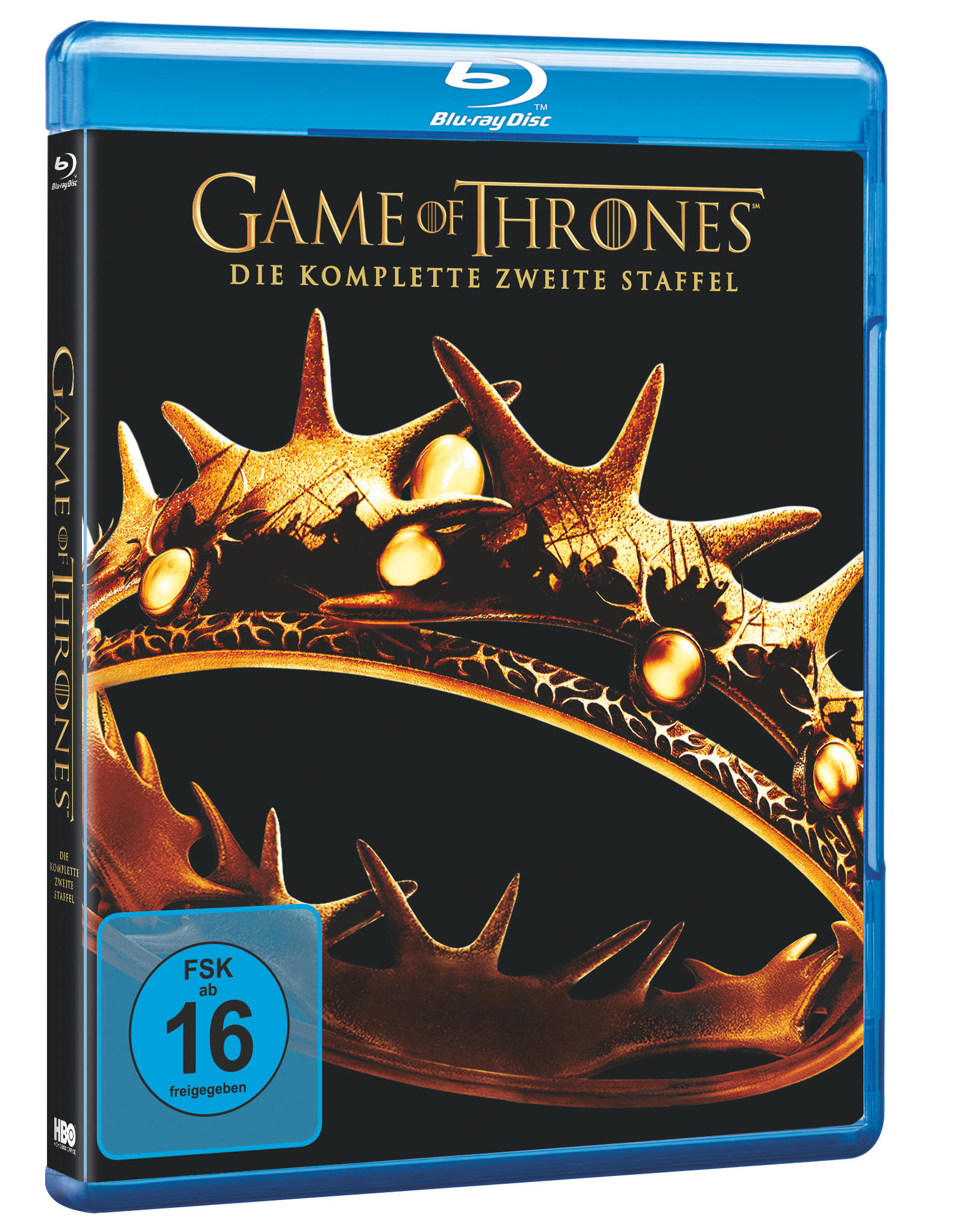 DVD-Cover: Game of Thrones, blau und gold, eine Krone, schwarzer Hintergrund, FSK 16 Logo.