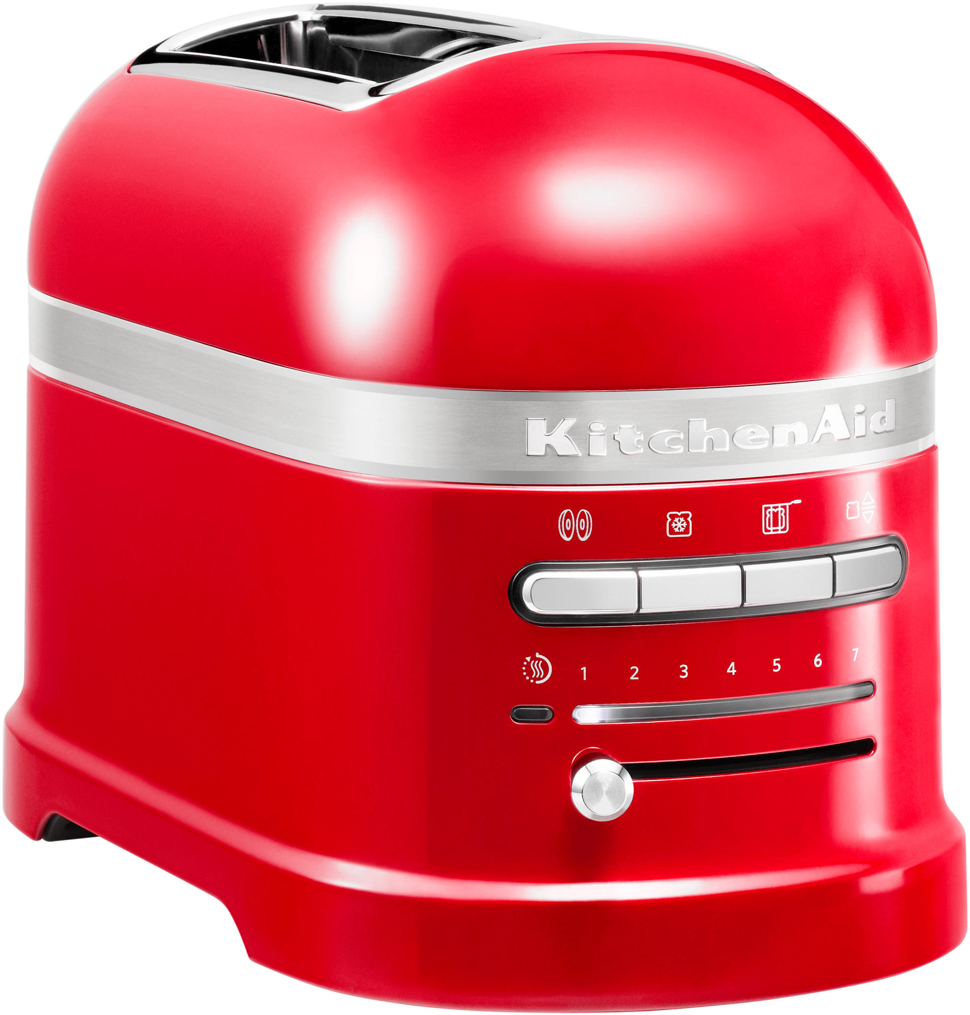 Roter KitchenAid Toaster mit silberner Zierleiste, Knöpfen und Einstellungen.