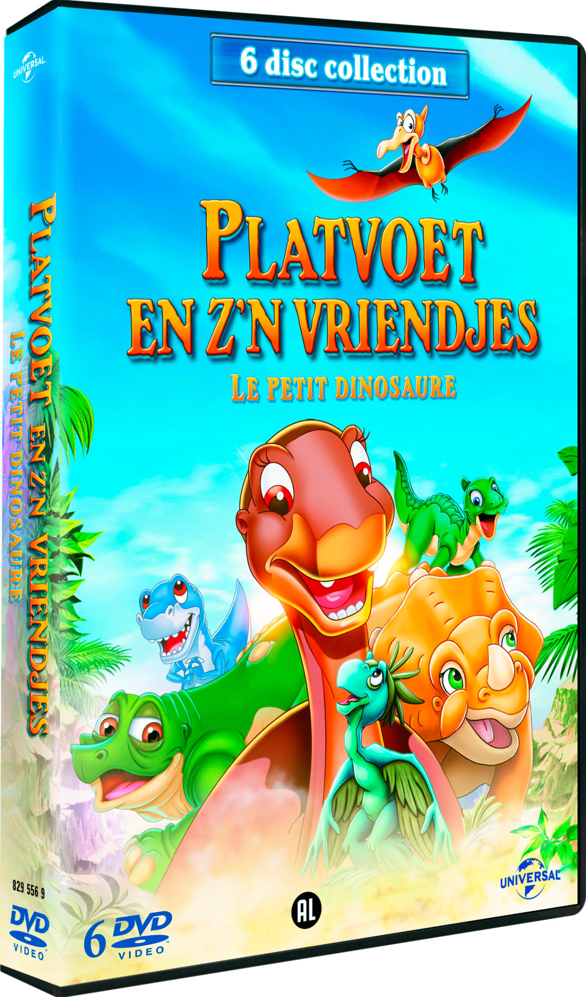 DVD cover: Cartoon of dinosaurs, title Platvoet en z'n Vriendjes. Bright colors, sunny background.