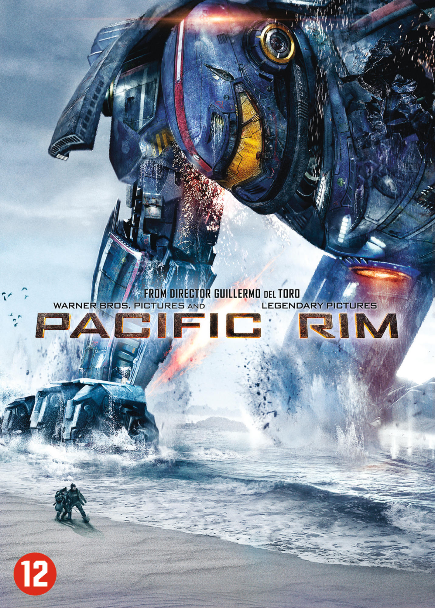 Filmposter met een gigantische robot die vecht tegen een monster in de oceaan.