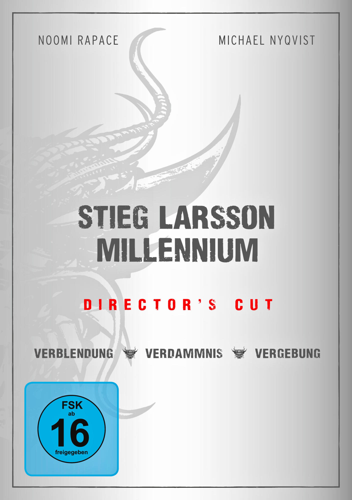 Stieg Larsson Millennium Director's Cut DVD. Text auf silbernem und weißem Hintergrund.