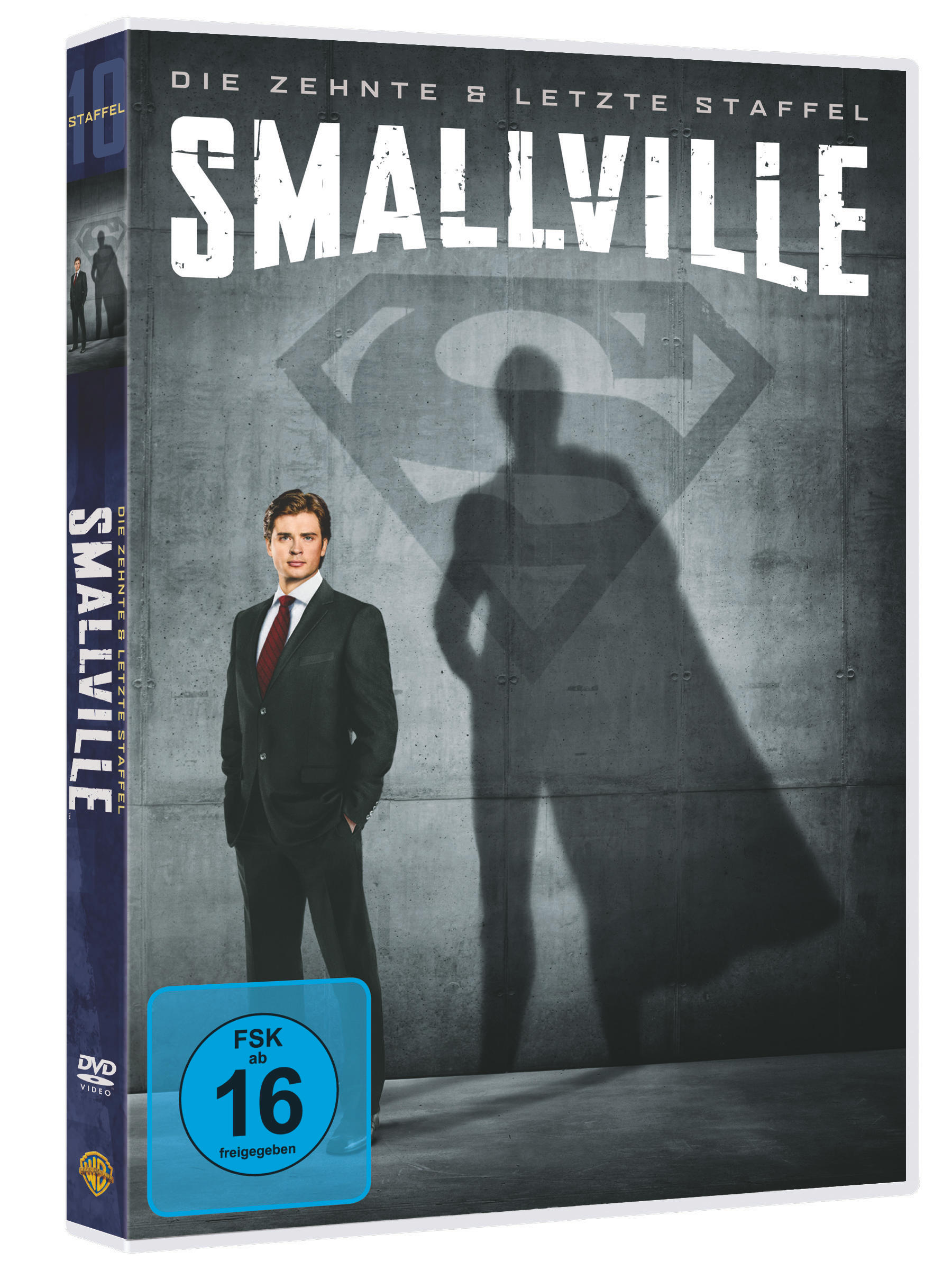 DVD-Cover: ein Mann im Anzug mit Schatten, das Superman-Logo und der Text 'Smallville'.