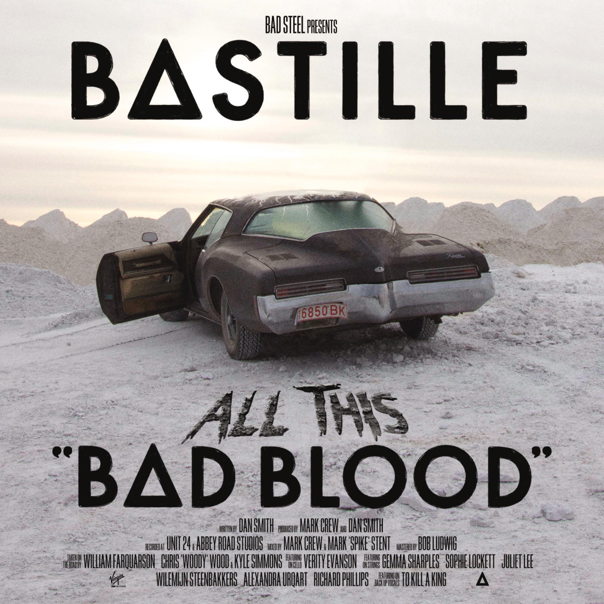 Albumcover eines schwarzen Autos mit dem Wort 'Bastille' und dem Text 'All This Bad Blood'.