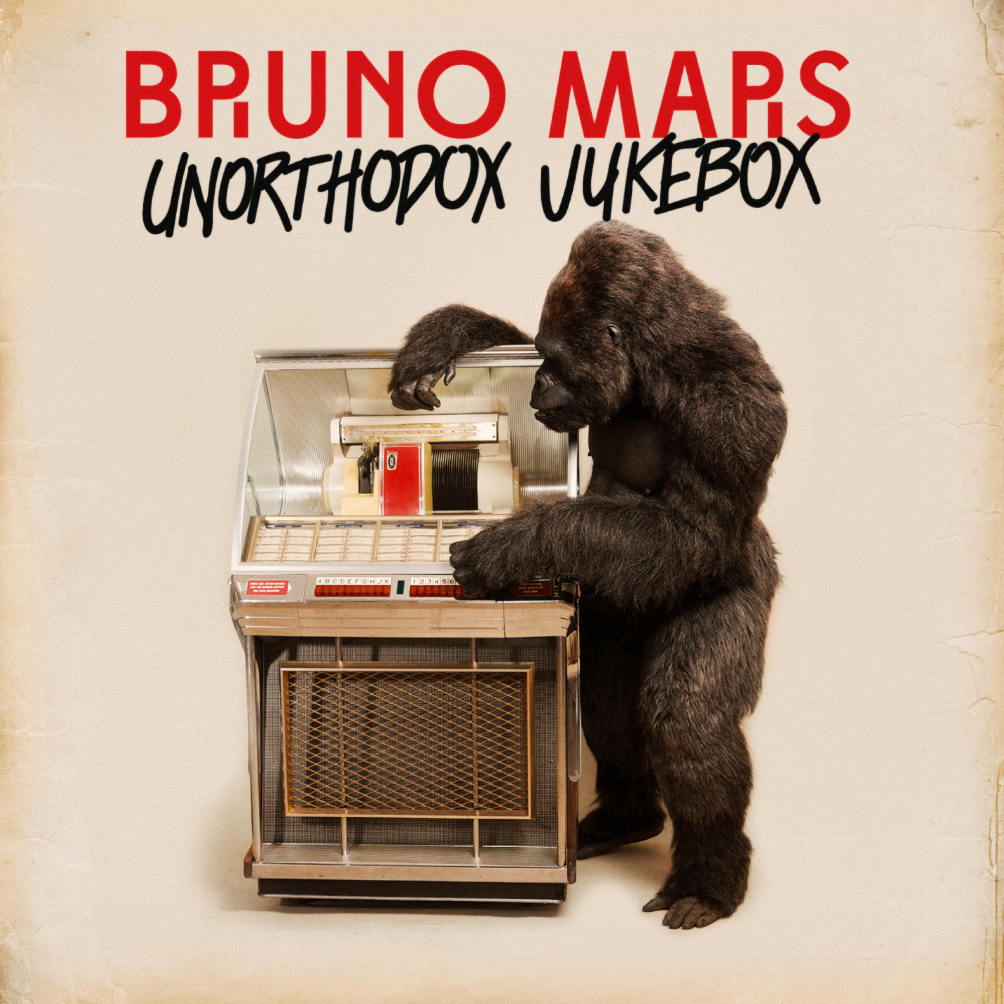 Bruno Mars Albumcover mit Gorilla an einer Jukebox und Albumtitel darüber.
