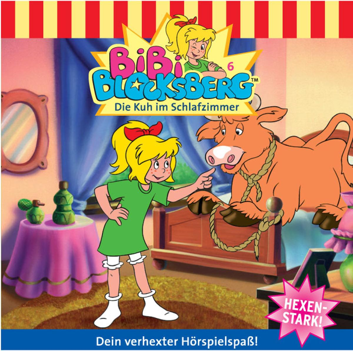 Cartoon-Bild. Ein Mädchen und eine Kuh. Der Titel lautet 'BiBi Blocksberg'. Szene in einem Raum.