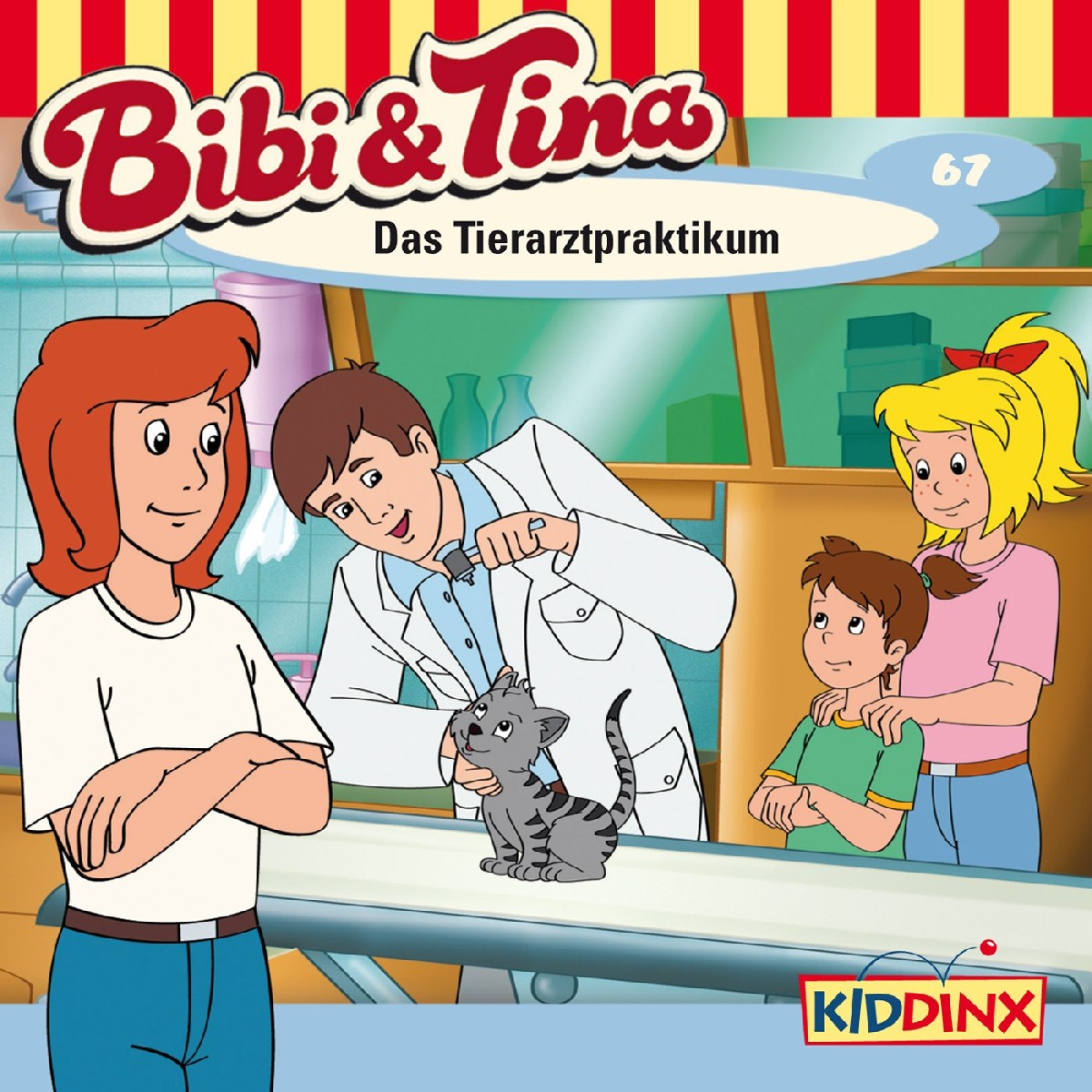 Cover-Art: Charaktere von Bibi & Tina, Tierarzt untersucht Katze, Text.