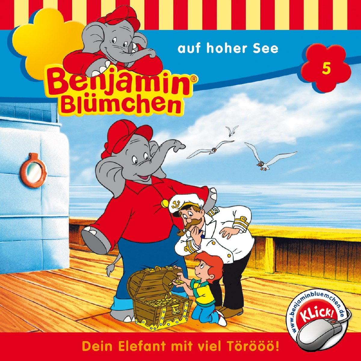 Animiertes Buchcover mit einem Elefanten und einem Kapitän auf einem Schiff, Text: 'Benjamin Blümchen, auf hoher See'.