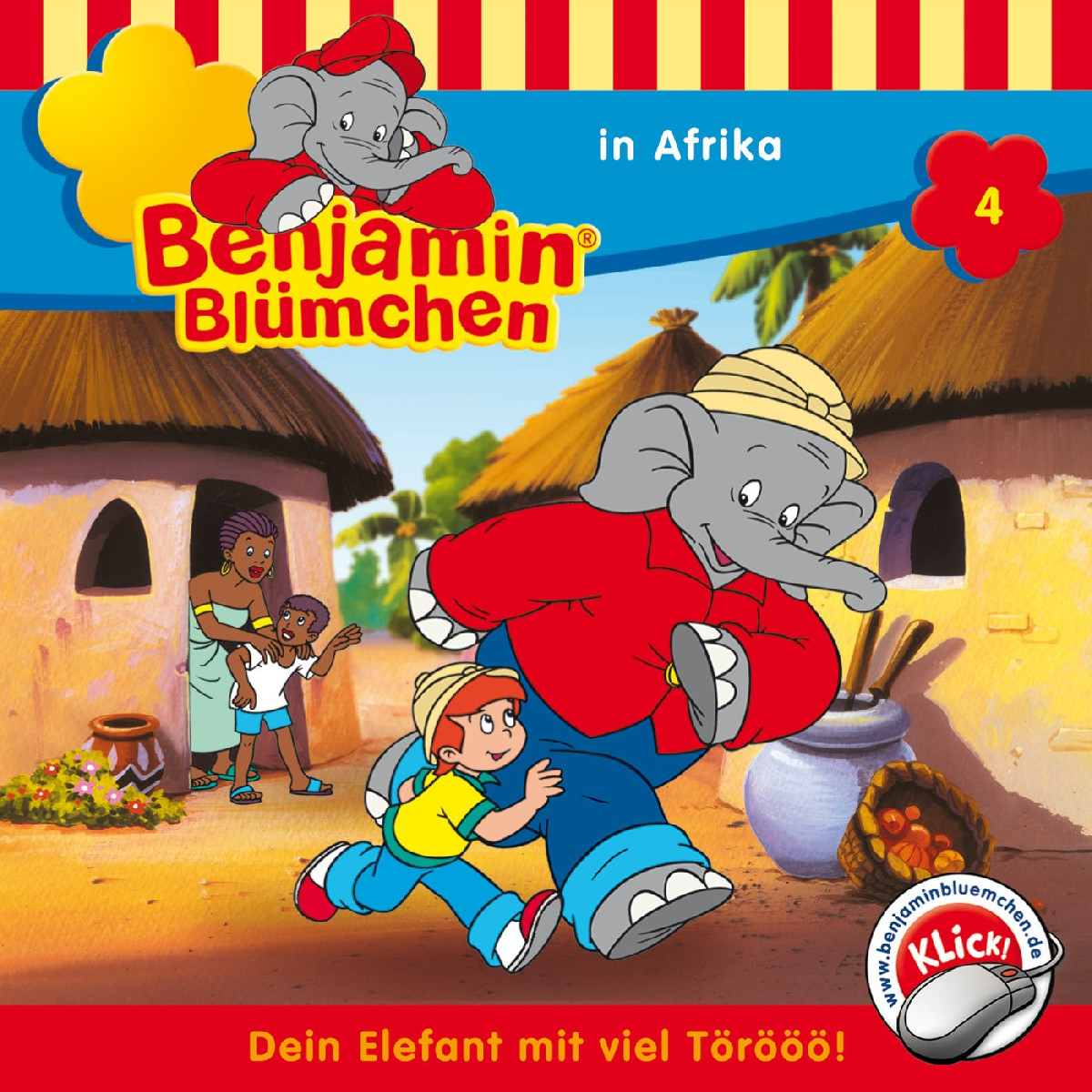 Kinderbuchcover: Benjamin Blümchen und ein Junge rennen in Afrika, mit einem Elefanten.