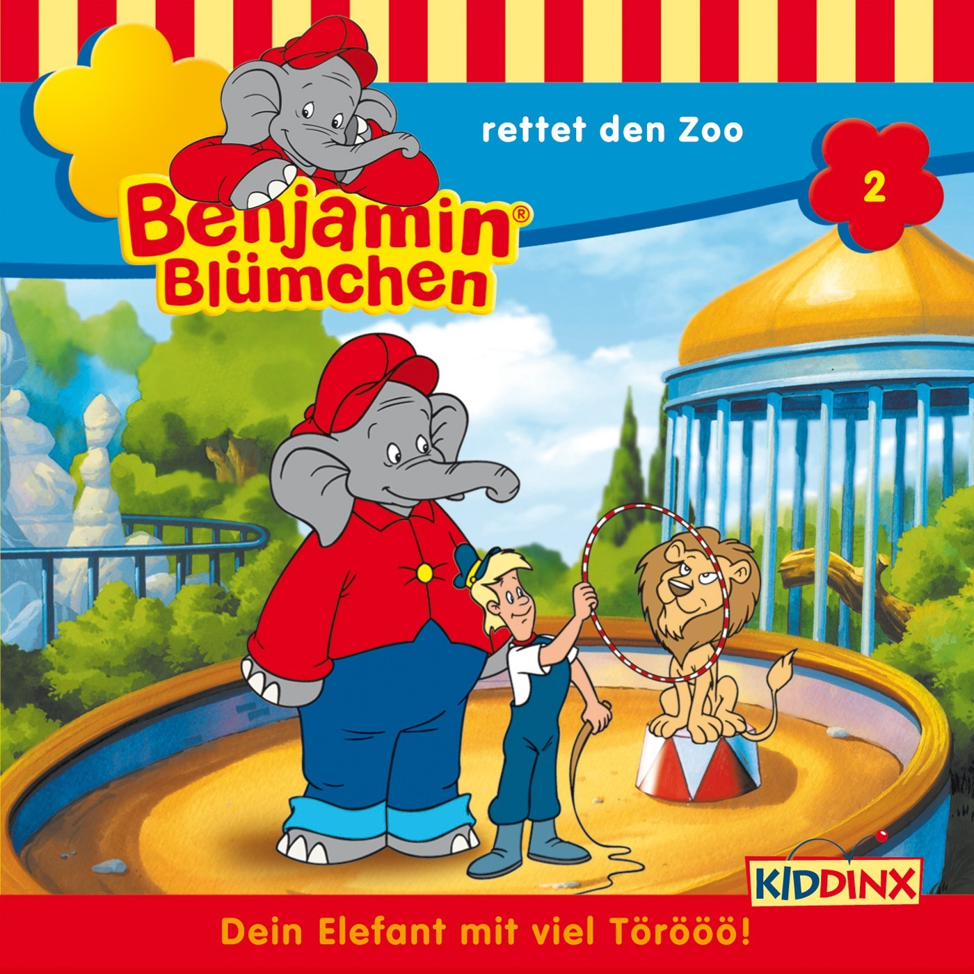 Albumcover für 'Benjamin Blümchen' mit einem Elefanten, einem Jungen und einem Löwen.