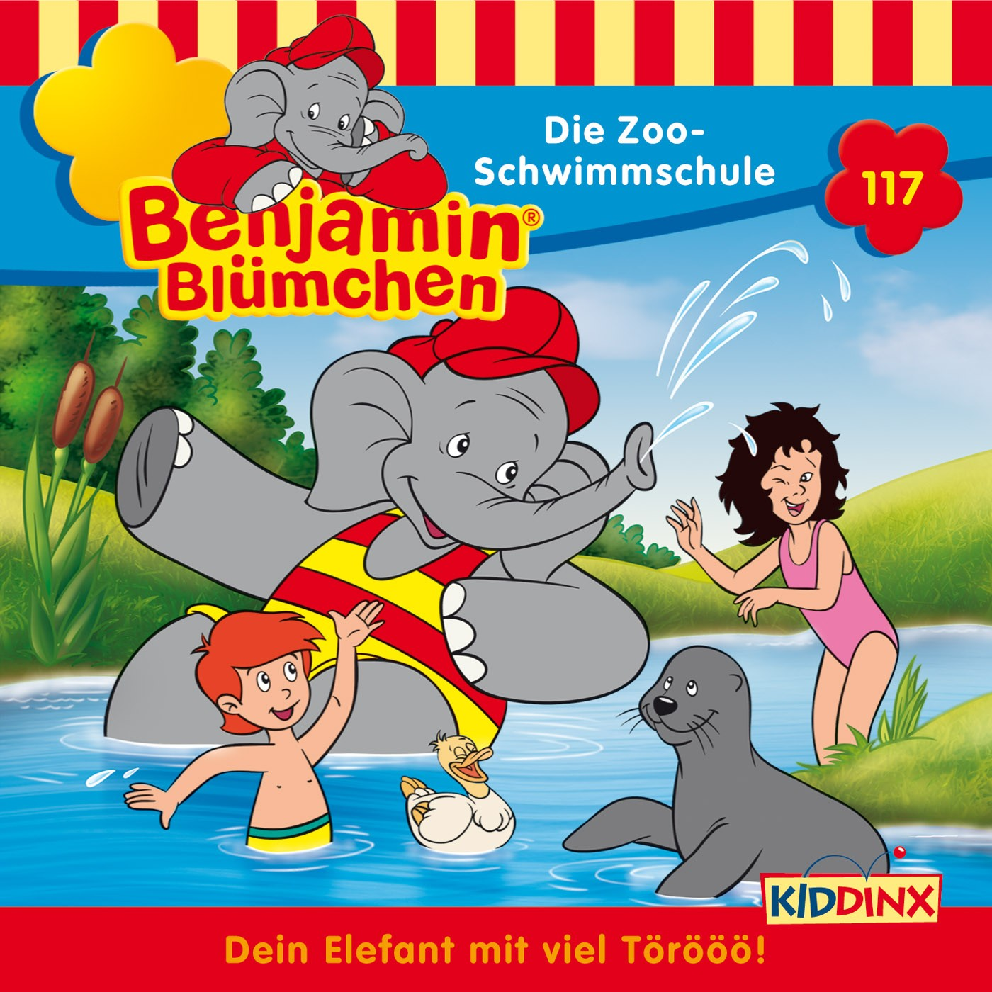 Benjamin Blümchen Die Zoo-Schwimmschule. Cartoon von Elefant im Badeanzug und Kindern.