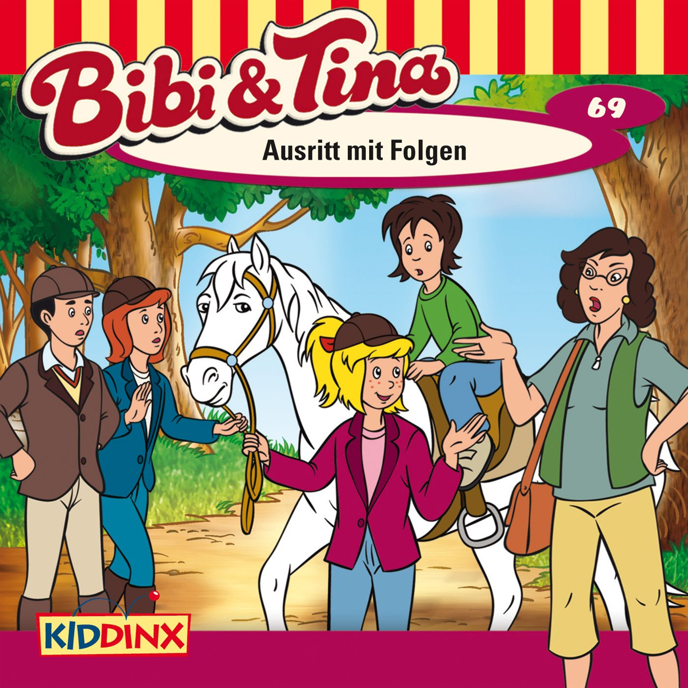Cartoon-Cover mit einem Pferd, Kindern und Erwachsenen. Der Titel lautet 'Bibi & Tina' oben.