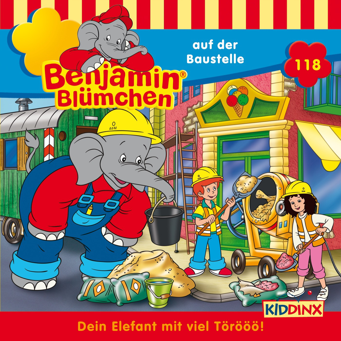 Benjamin Blümchen Albumcover. Ein Elefant mit Kindern auf einer Baustelle. Text auf Deutsch.