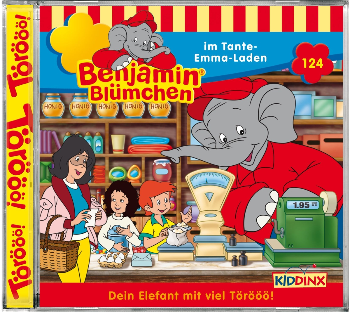 Cartoon-Szene mit einem Elefanten und Kindern in einem Laden. Die Worte 'Benjamin Blümchen' sind sichtbar.