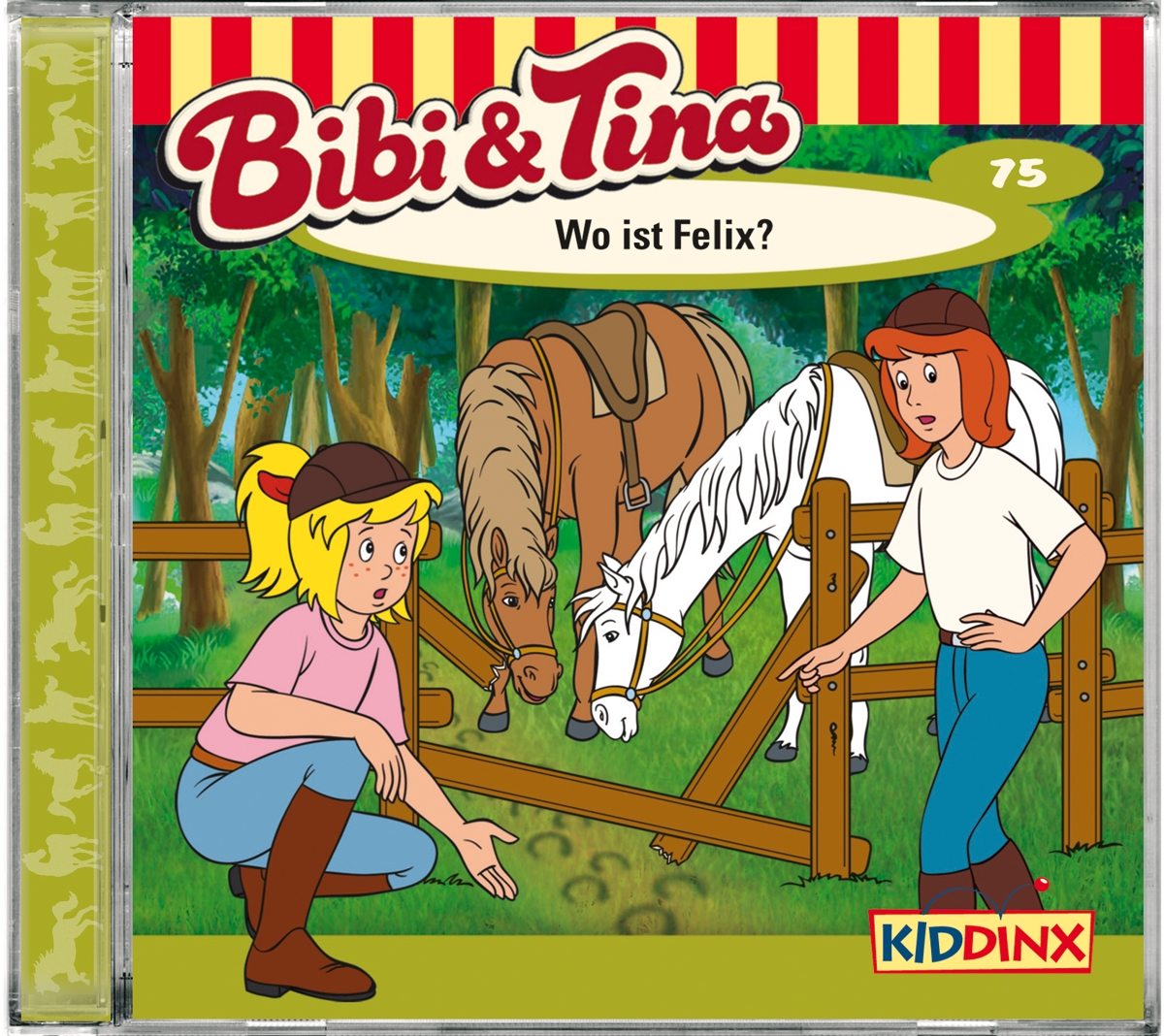 Bibi & Tina Cover. Zwei Mädchen und zwei Pferde in der Nähe eines Zauns. Ein Mädchen zeigt und eines kniet.
