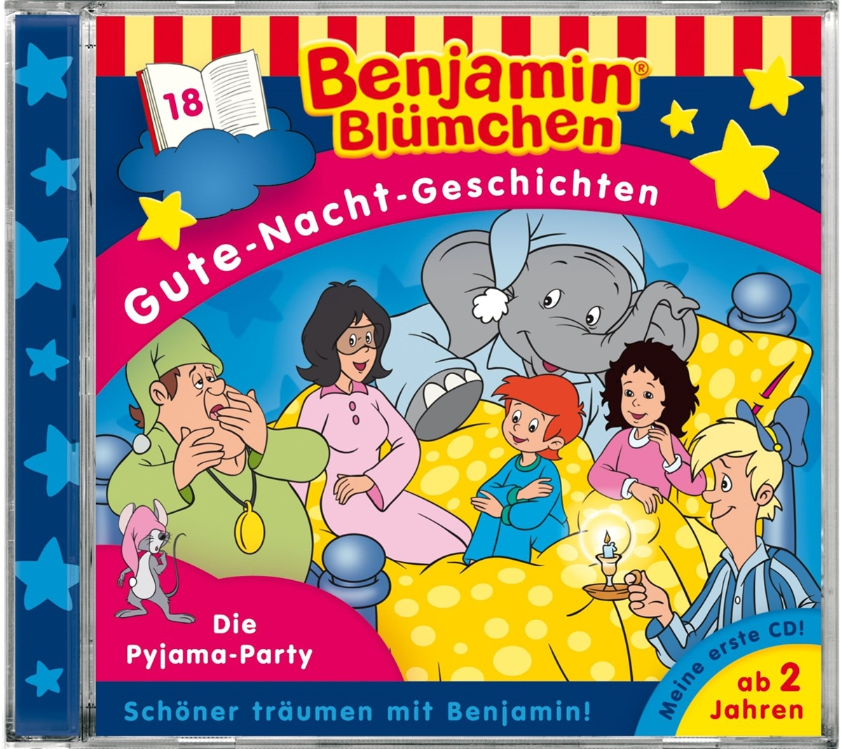 Albumcover für Benjamin Blümchen. Cartoon-Szene einer Pyjamaparty mit verschiedenen Charakteren.