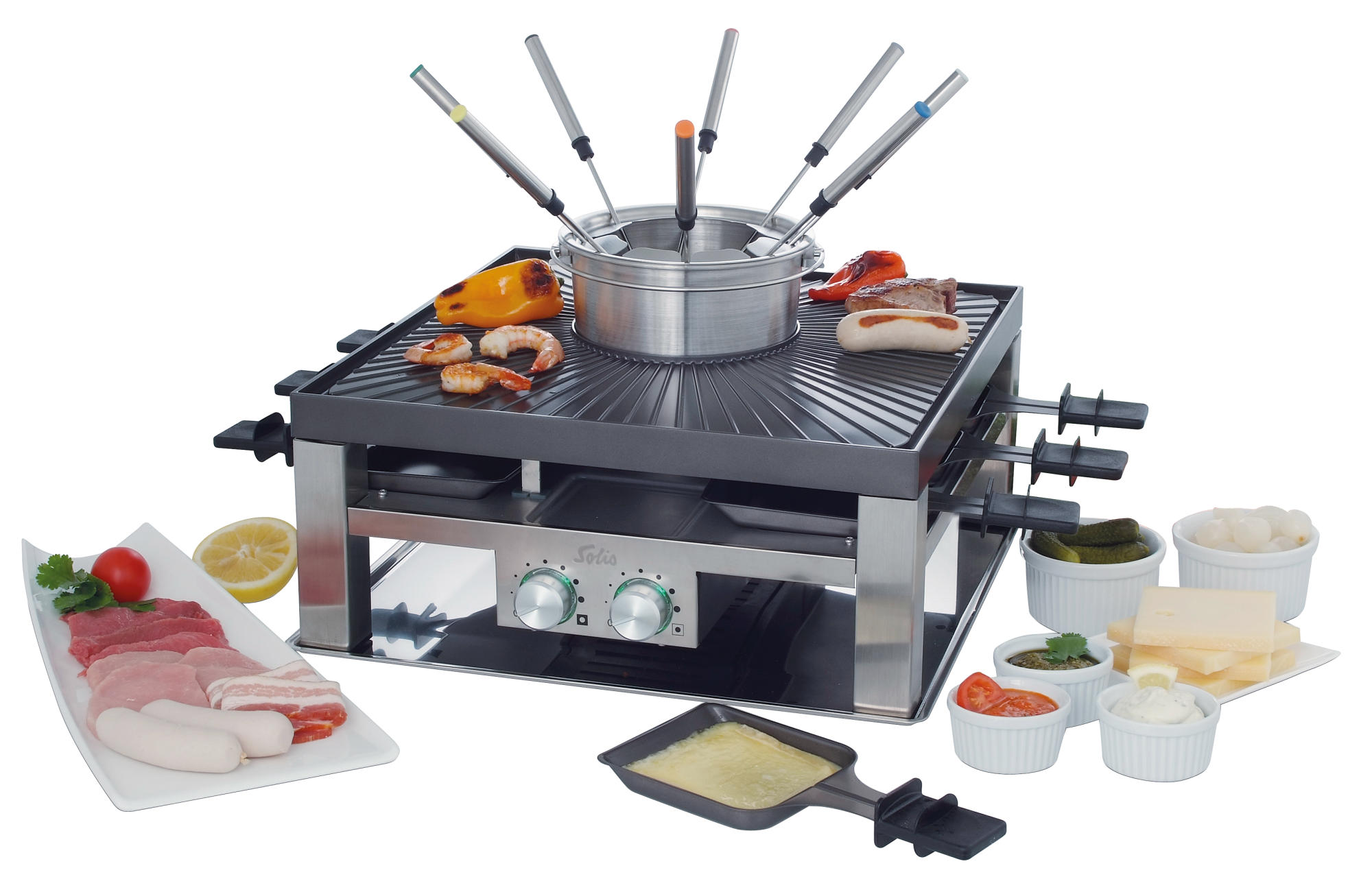 Raclette grill with food ingredients: meat, cheese, vegetables.
