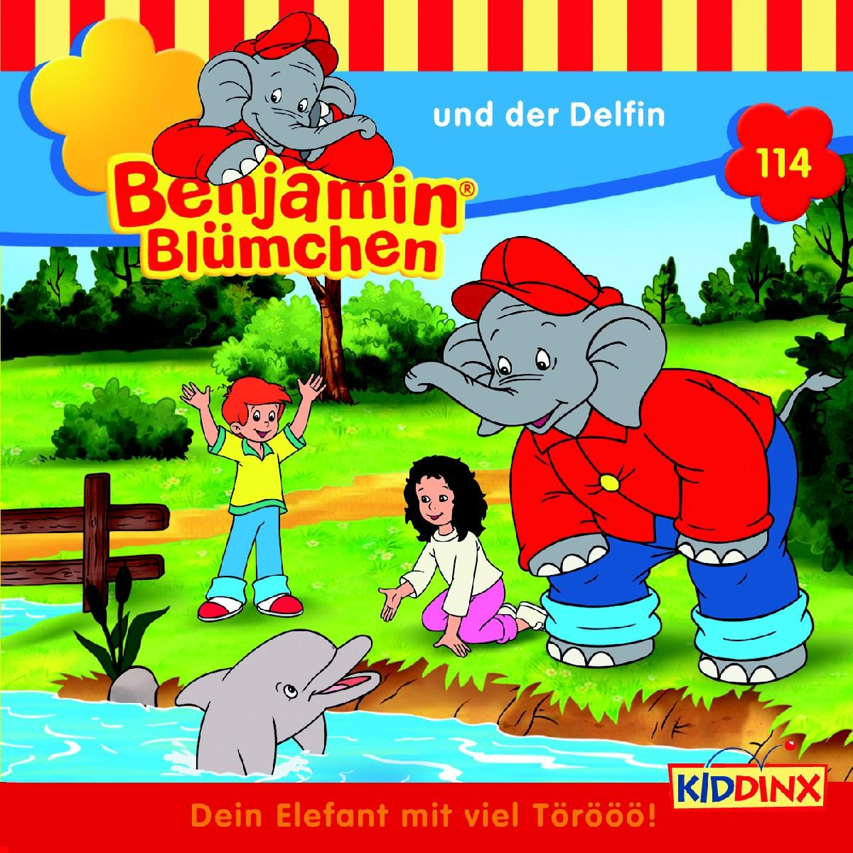 Benjamin Blümchen und der Delfin. Cartoon von Elefant mit Delfin und Kindern.