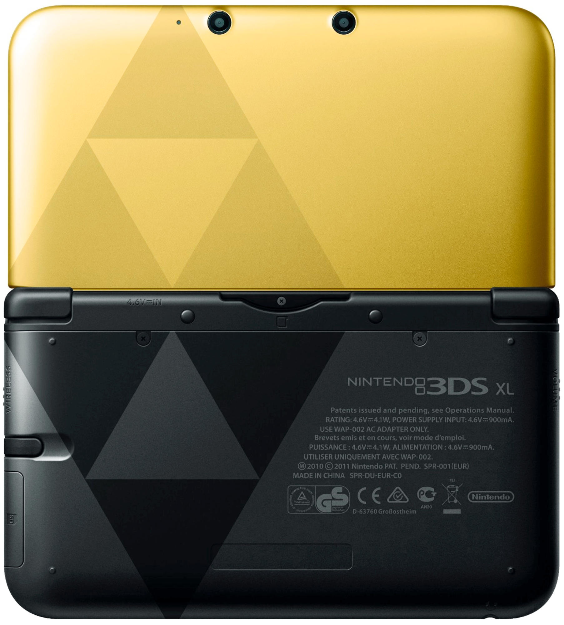 Nintendo 3DS XL, gold und schwarz. Oberseite gold mit zwei Kameras. Unterseite schwarz mit Text.