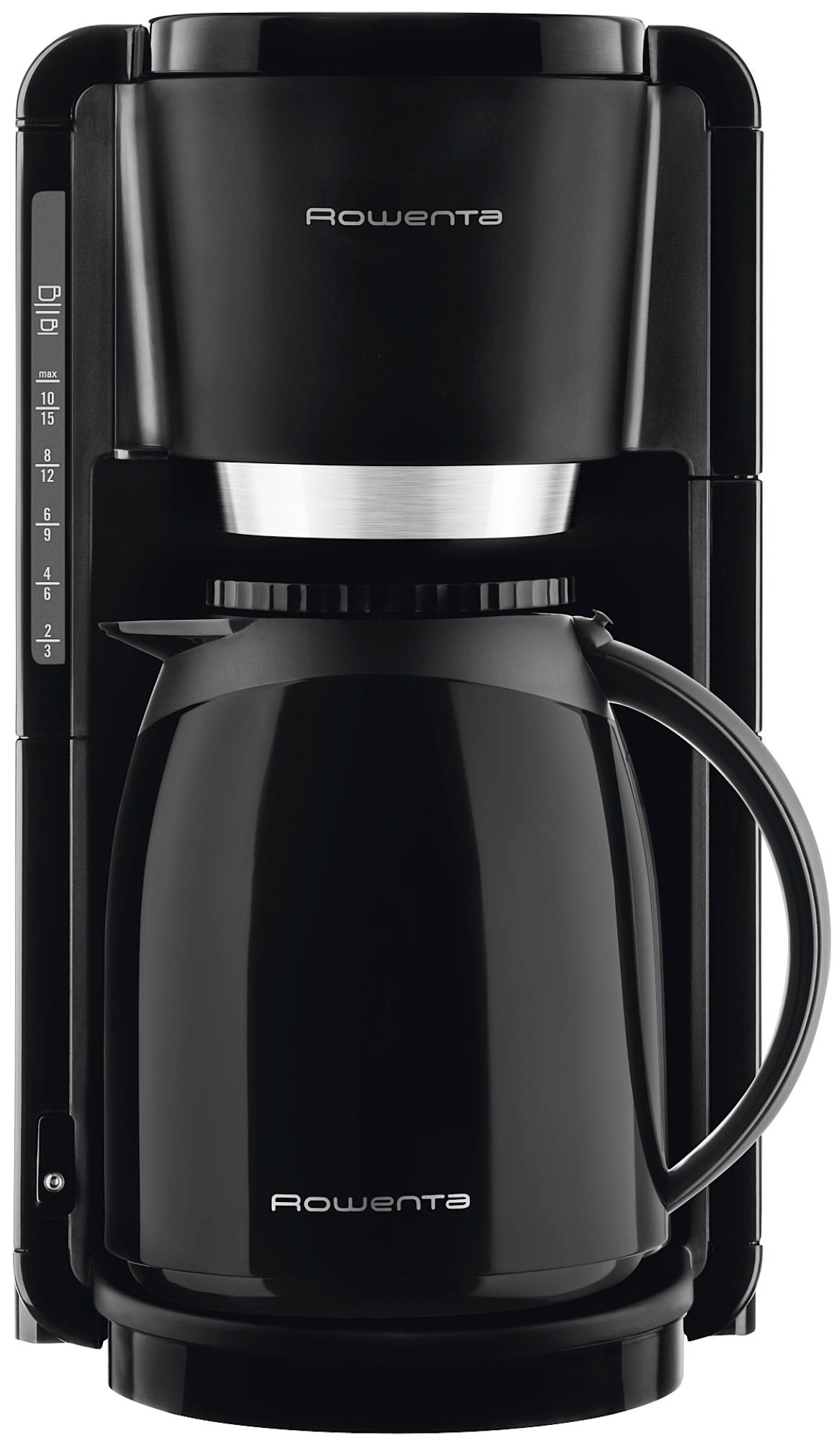 Schwarze Rowenta Kaffeemaschine mit Karaffe. Seite hat Wasserstandsanzeige. Weißer Hintergrund.