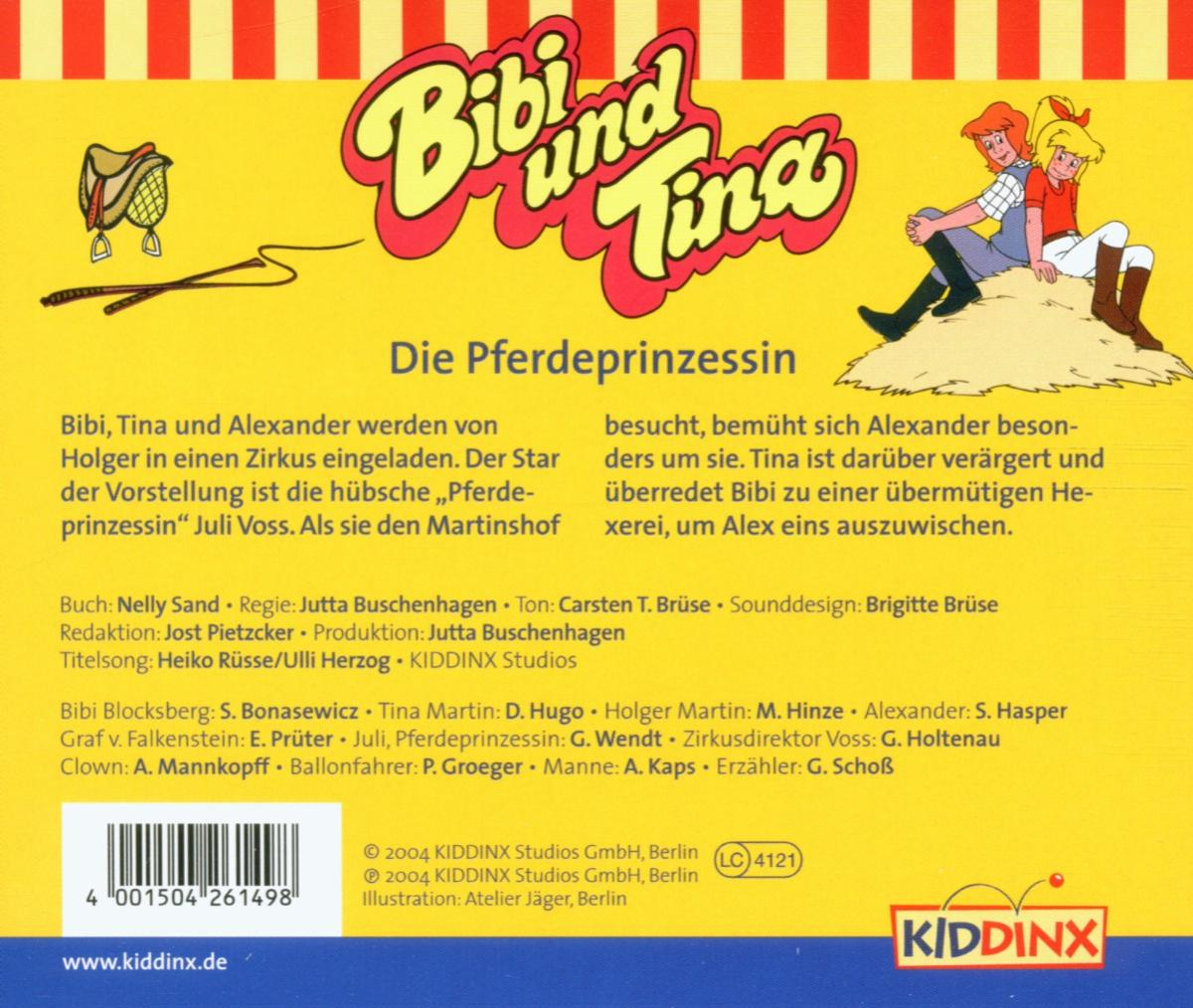 Albumcover mit Bibi & Tina Figuren und Text über eine Pferde-Prinzessin Geschichte.