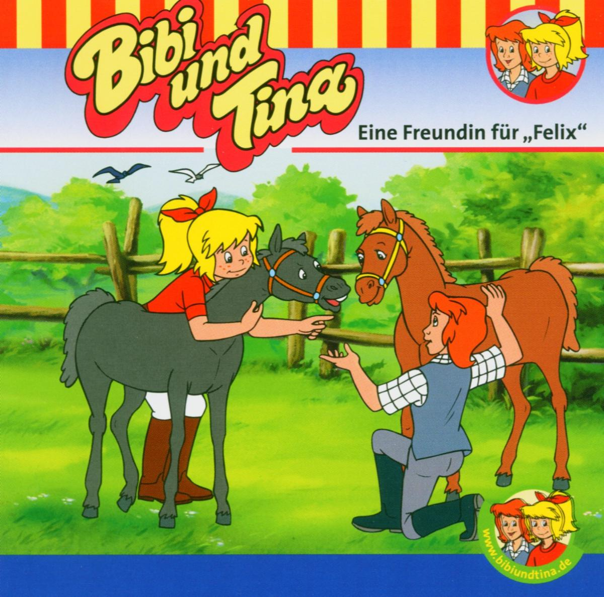 Cartoon-Cover mit zwei Mädchen und zwei Pferden. Titel Bibi und Tina. Ein Mädchen berührt ein schwarzes Pferd.