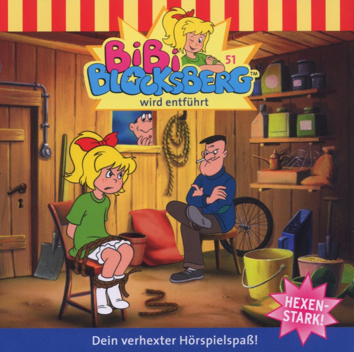 Bibi Blocksberg Cartoon-Cover. Bibi ist an einen Stuhl gefesselt. Ein Mann sitzt, und eine Frau ist oben rechts.
