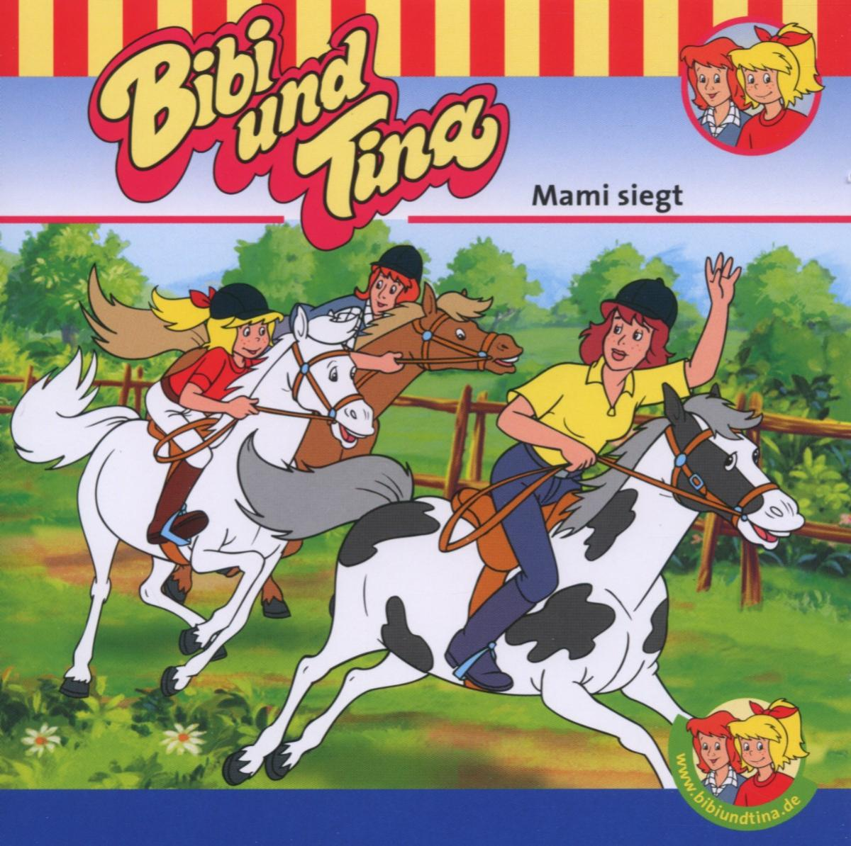 Bibi und Tina Cartoon-Cover. Drei Mädchen reiten auf Pferden. Der Hintergrund ist grün.