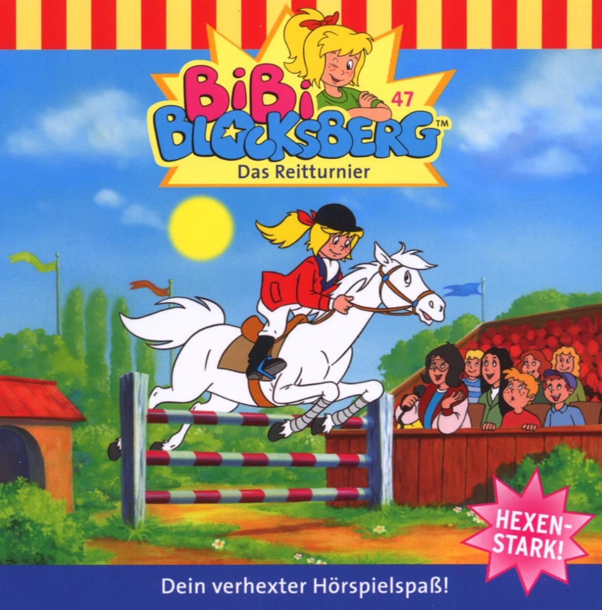 Albumcover von Bibi Blocksberg, ein Mädchen reitet ein weißes Pferd über einen Zaun.