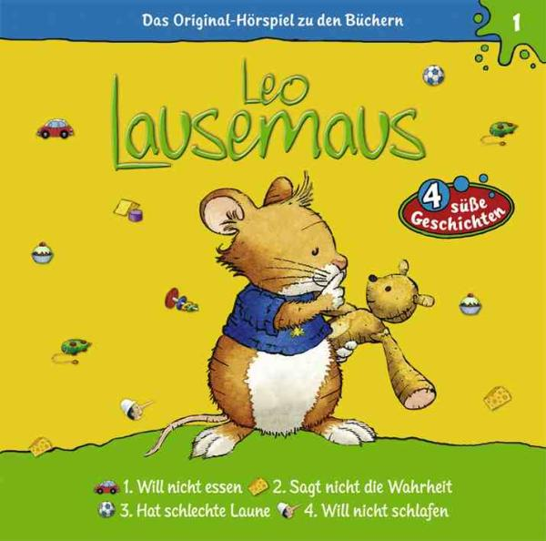 Buchcover: Eine Zeichentrickmaus hält einen Teddybären. Titel: Leo Lausemaus. Gelber Hintergrund.