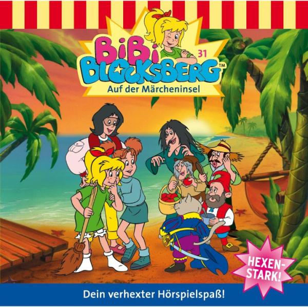 Albumcover: Cartoon von Kindern am Strand und Text: 'Bibi Blocksberg', 'Auf der Märcheninsel'.