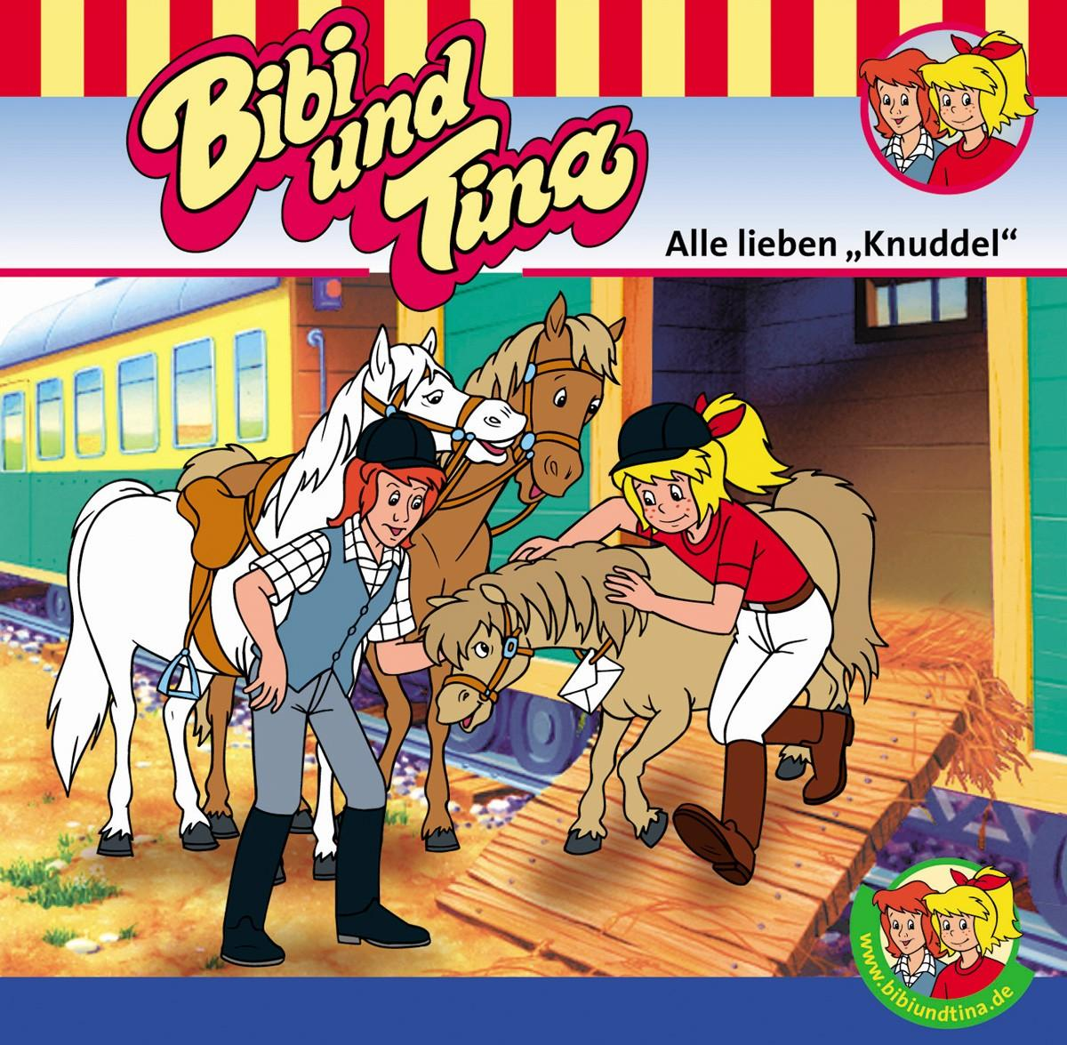 Bibi und Tina Albumcover mit Cartoon-Pferden, Mädchen und einem Zug.