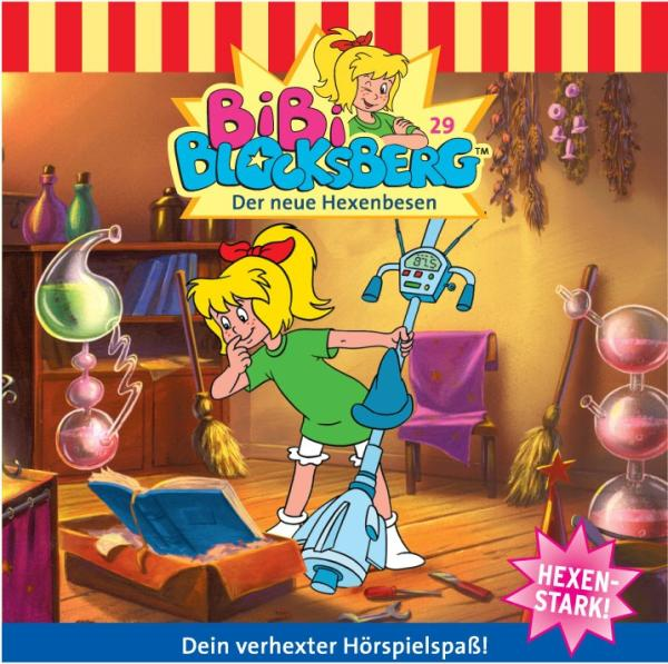 Bibi Blocksberg Cartoon: Hexe in grünem Kleid, hält einen Zauberstab. Bunter Hintergrund mit Text.