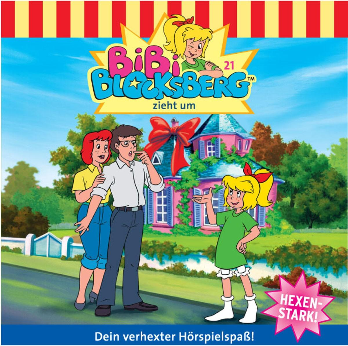 Cartoon-Cover. Zwei Mädchen und ein Mann vor einem Haus mit roter Schleife.