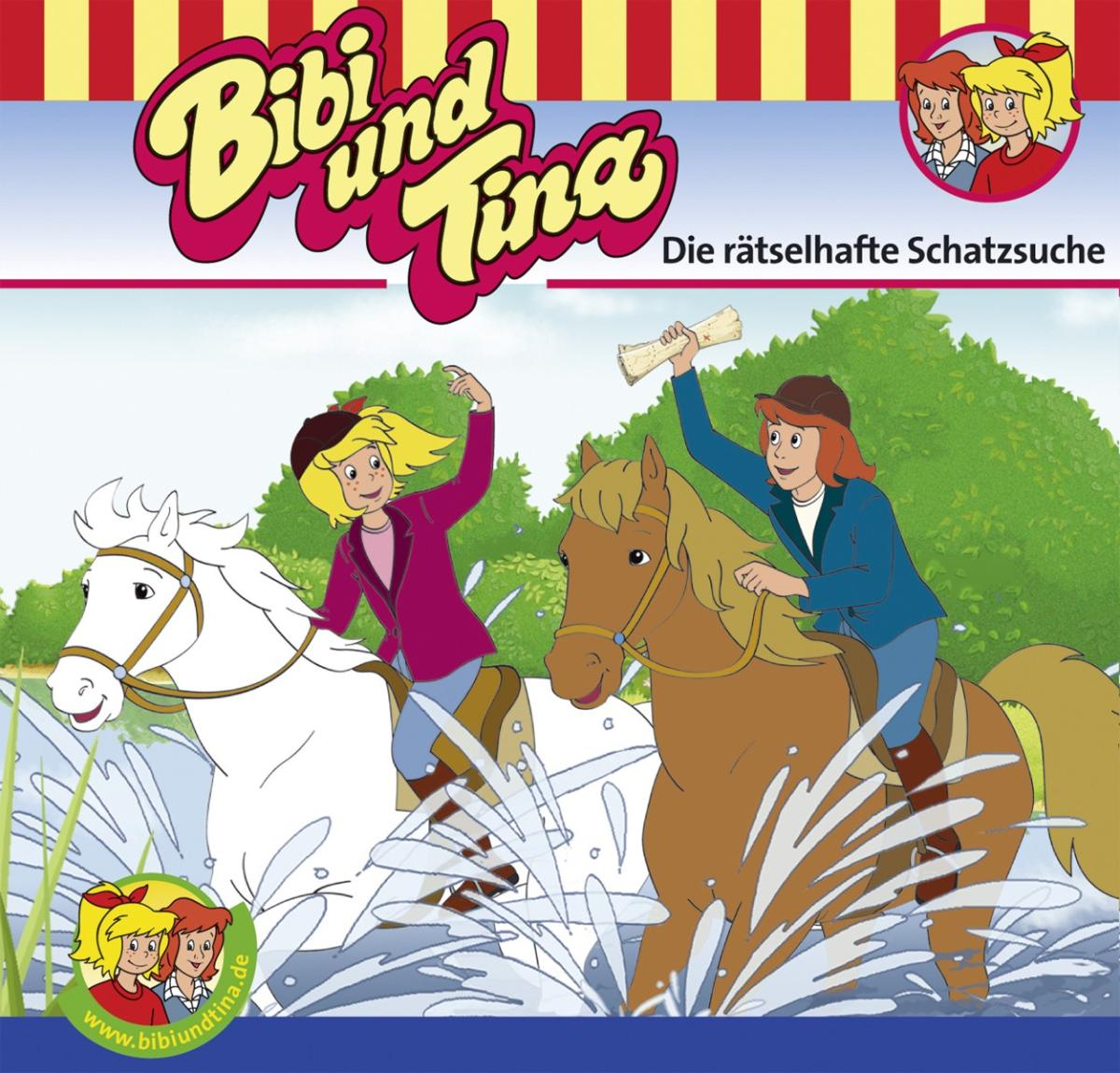Bibi und Tina Kinderbuchcover: Zwei Mädchen reiten durch Wasser, mit Text und Illustrationen.