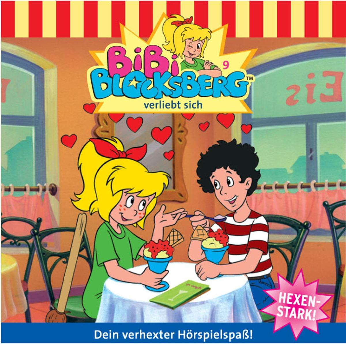 Bibi Blocksberg Albumcover. Zwei Mädchen mit Eis. Titel: verliebt sich. Rote Herzen im Hintergrund.