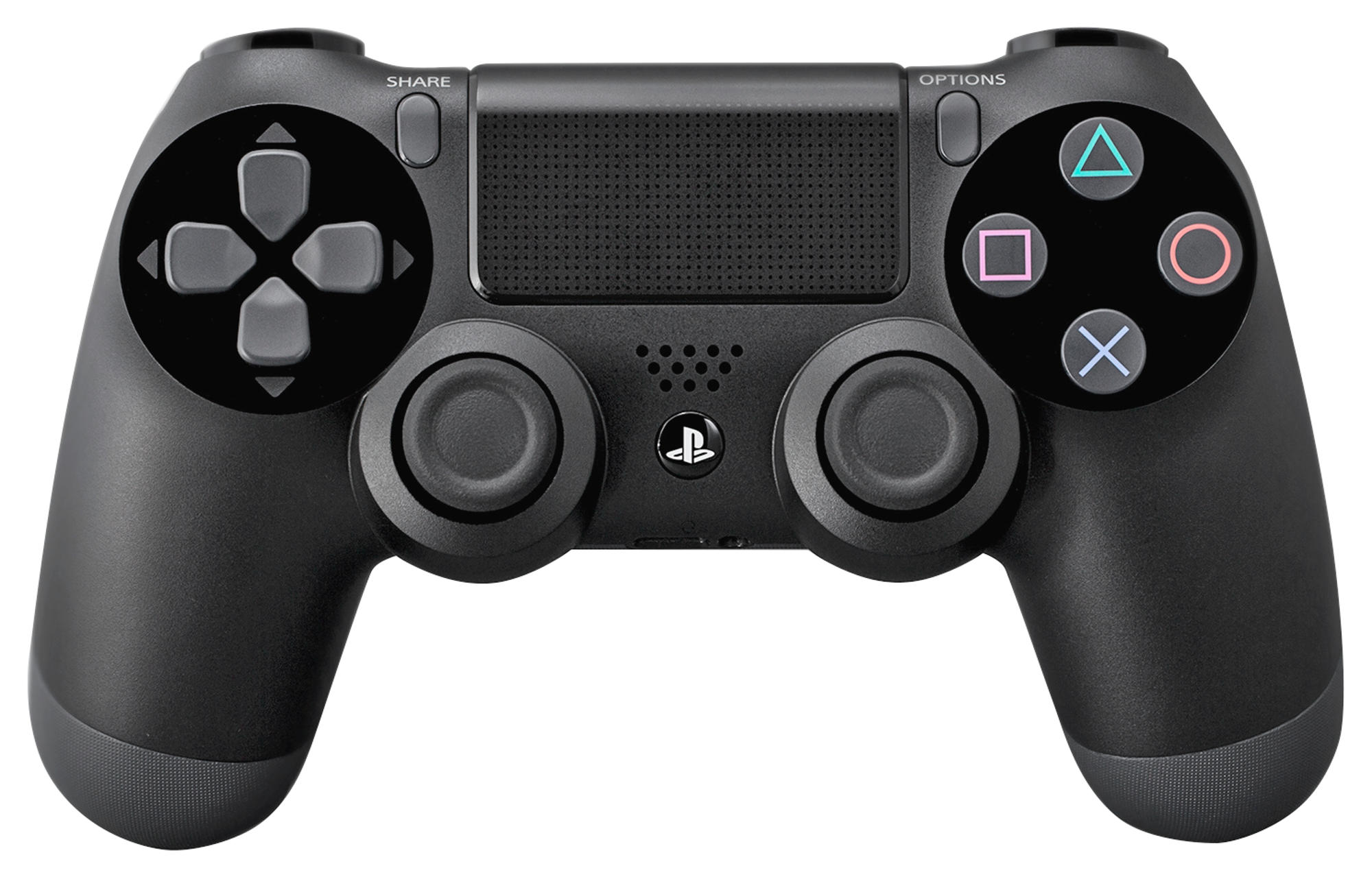 Schwarzer Playstation 4 Controller mit Knöpfen und Steuerkreuz, auf weißem Hintergrund.