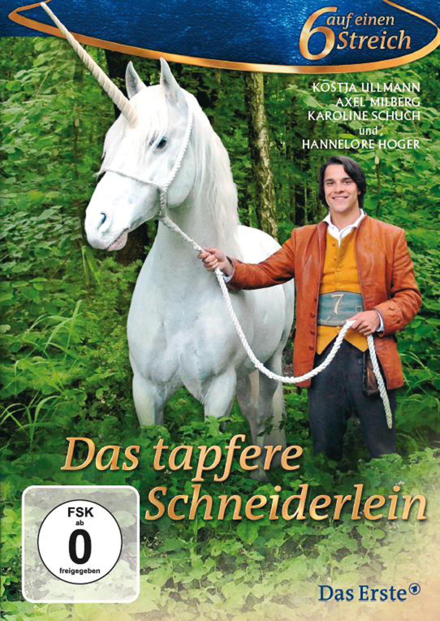 DVD-Cover: Das tapfere Schneiderlein. Mann mit Einhorn vor Waldhintergrund.