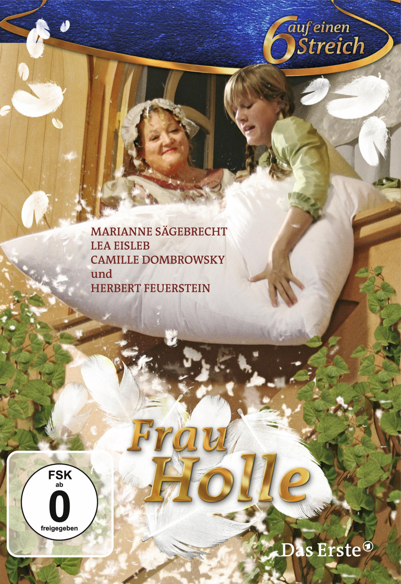 DVD-Cover von 'Frau Holle'. Zwei Frauen und ein Mädchen auf einem Kissen sind zu sehen.