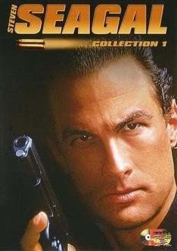 Couverture DVD : Steven Seagal. Portrait de Steven Seagal tenant une arme à feu avec une balle en arrière-plan.