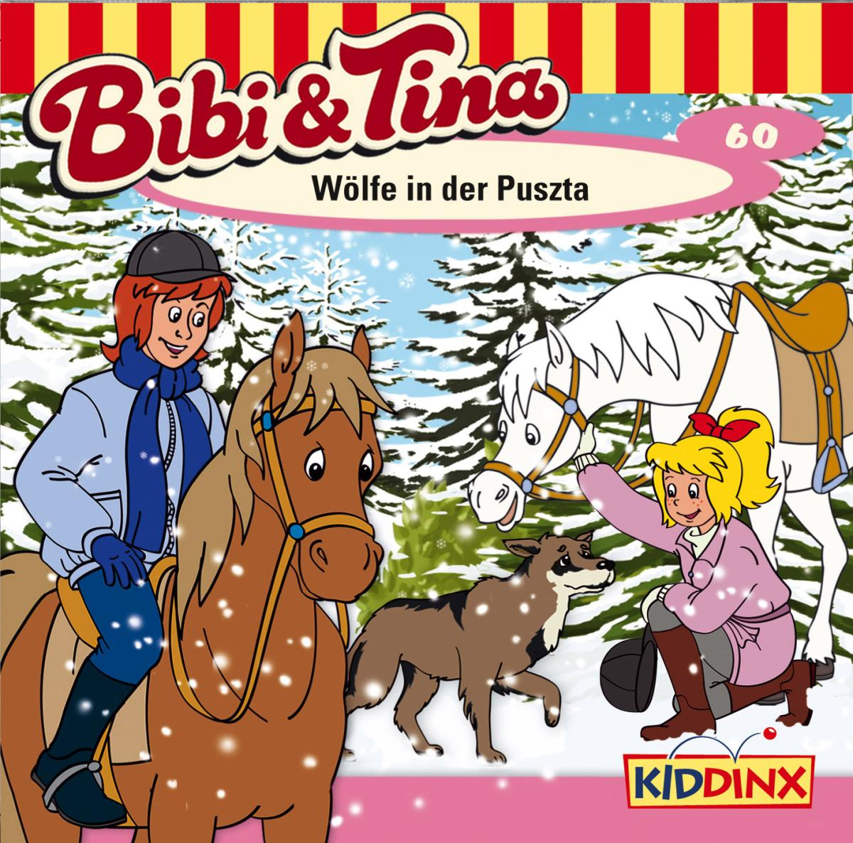 Cartoon-Cover mit zwei Pferden, Kindern und einem Wolf in einer Schneelandschaft.