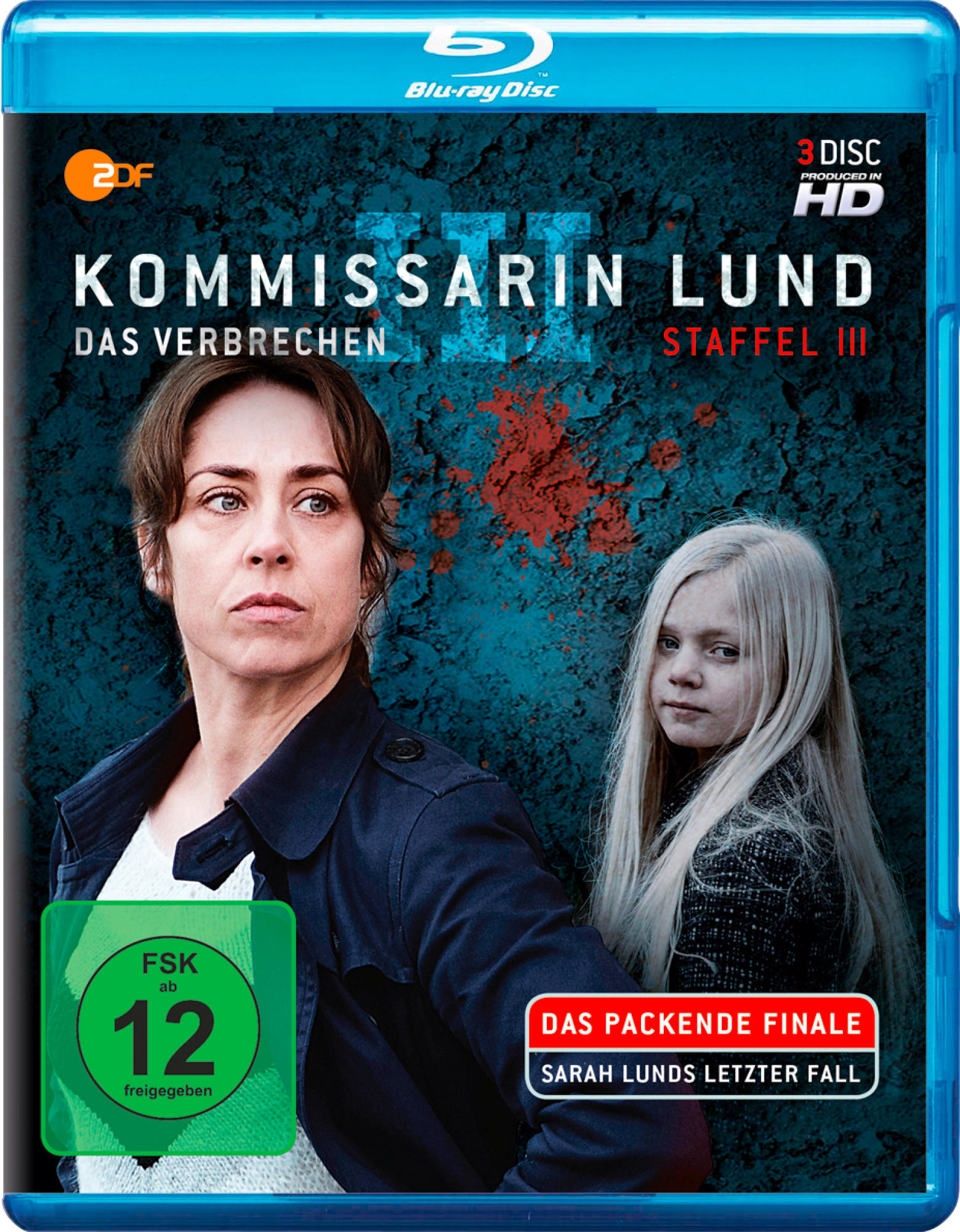 Blu-ray-Cover. Frau und Mädchen, Titel: Kommissarin Lund, Das Verbrechen, Staffel III. Dunkler Hintergrund.