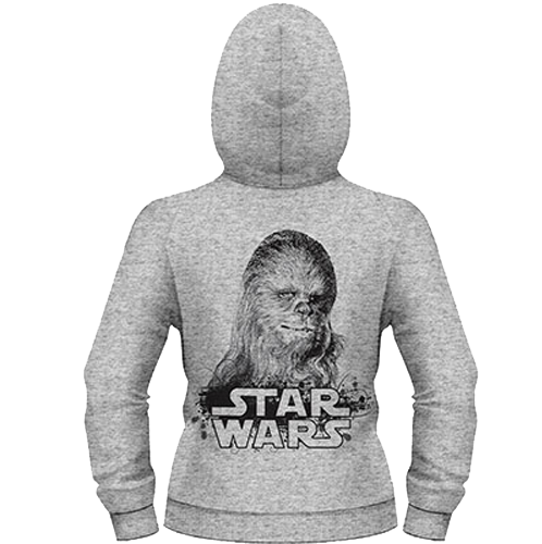 Szürke Star Wars kapucnis pulóver Chewbacca képpel és Star Wars felirattal.