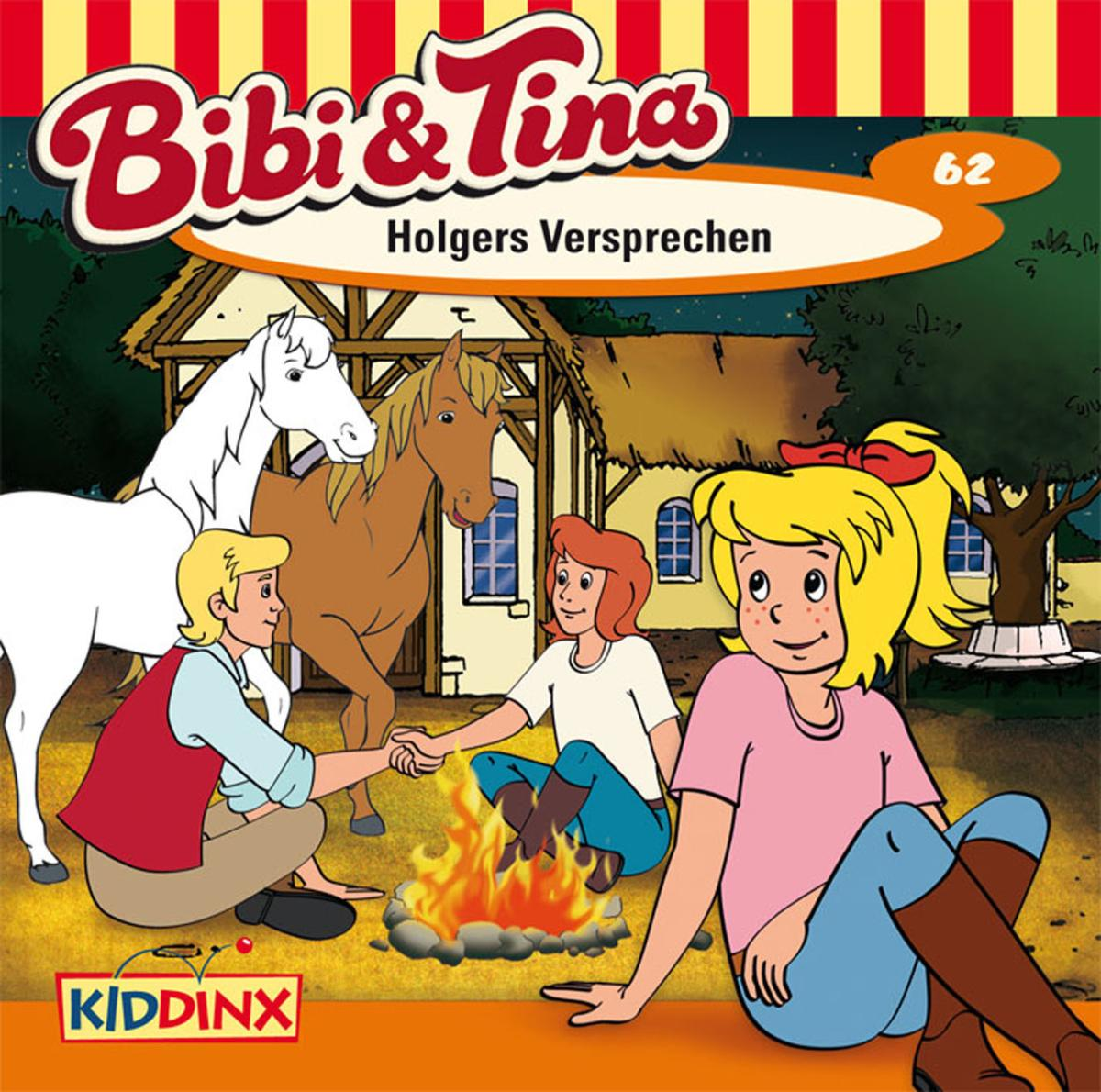 Bibi & Tina Cover. Menschen am Feuer, Pferde in der Nähe. Rot-weiß gestreifte Top. Blondes Mädchen.